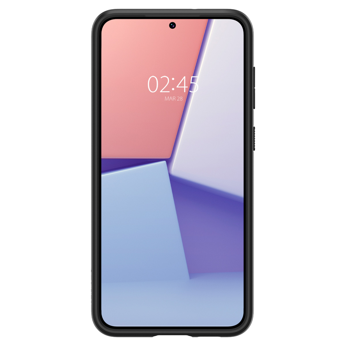 Smartphone in schwarzem Gehäuse mit farbenfrohem Hintergrund.
