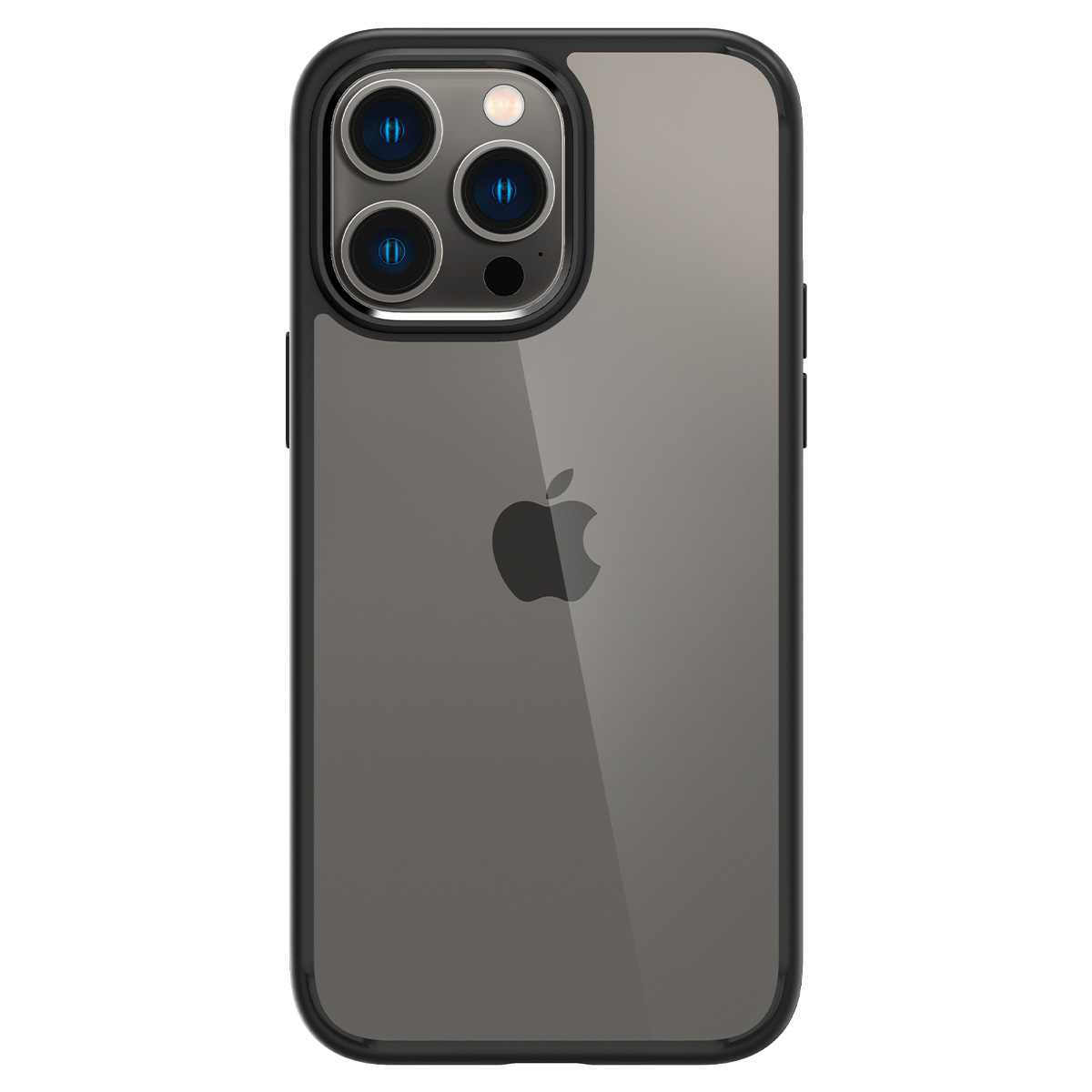 Custodia nera con retro trasparente. Tre lenti della fotocamera, logo Apple visibile. Sfondo bianco.