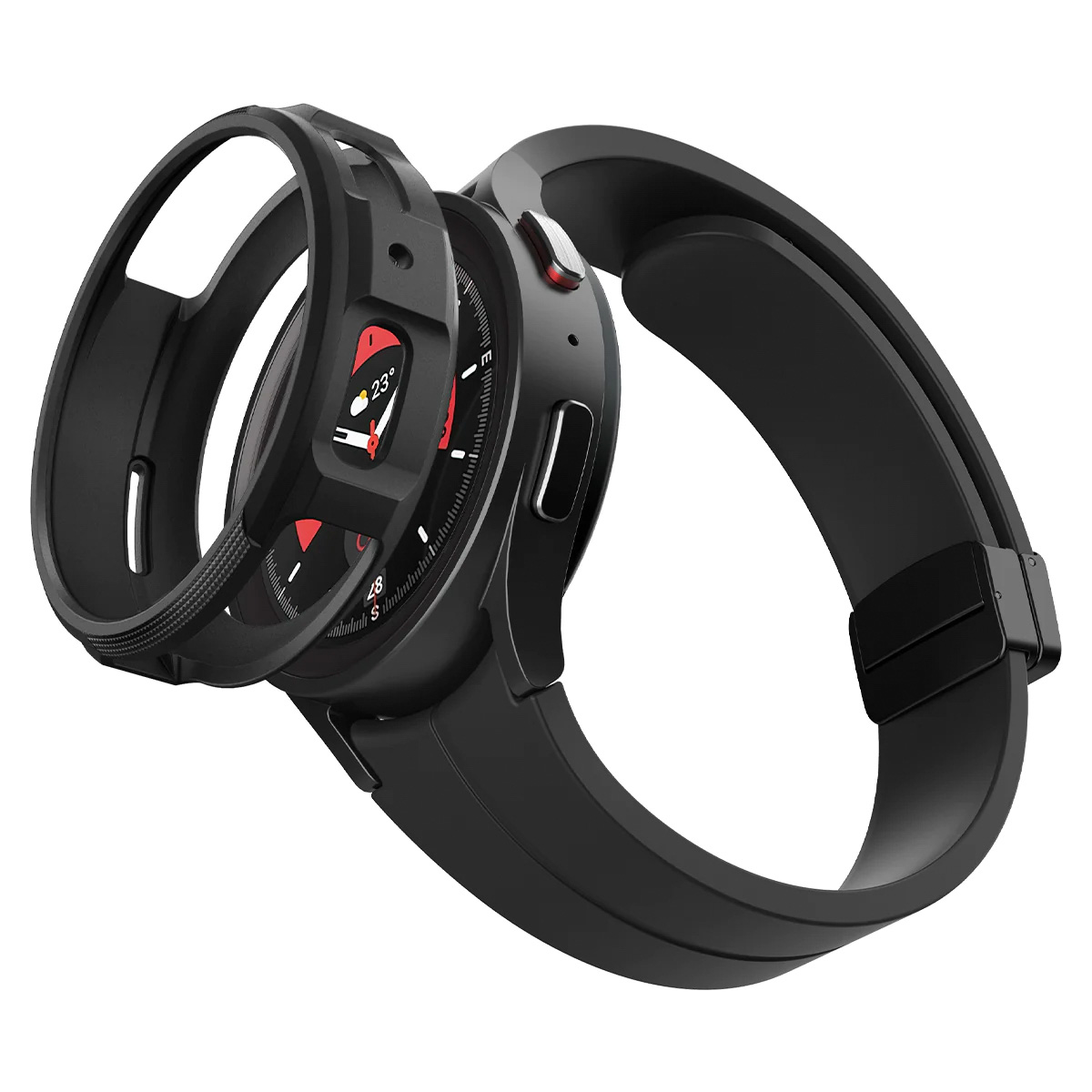 Czarny smartwatch z etui ochronnym i paskiem na nadgarstek.