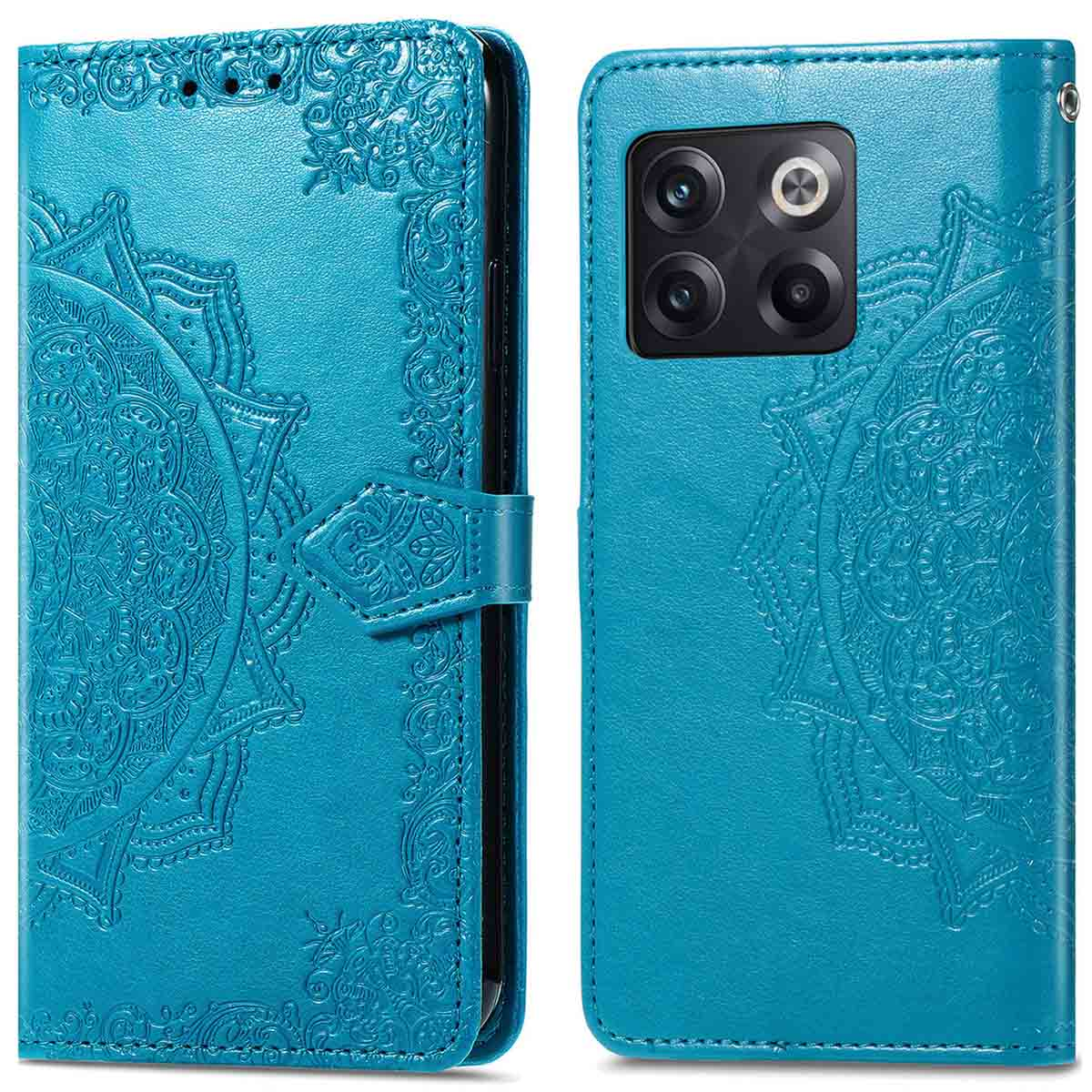 Blauwe telefoonhoes met een reliëf mandala-ontwerp. De hoes heeft een magnetische sluiting.