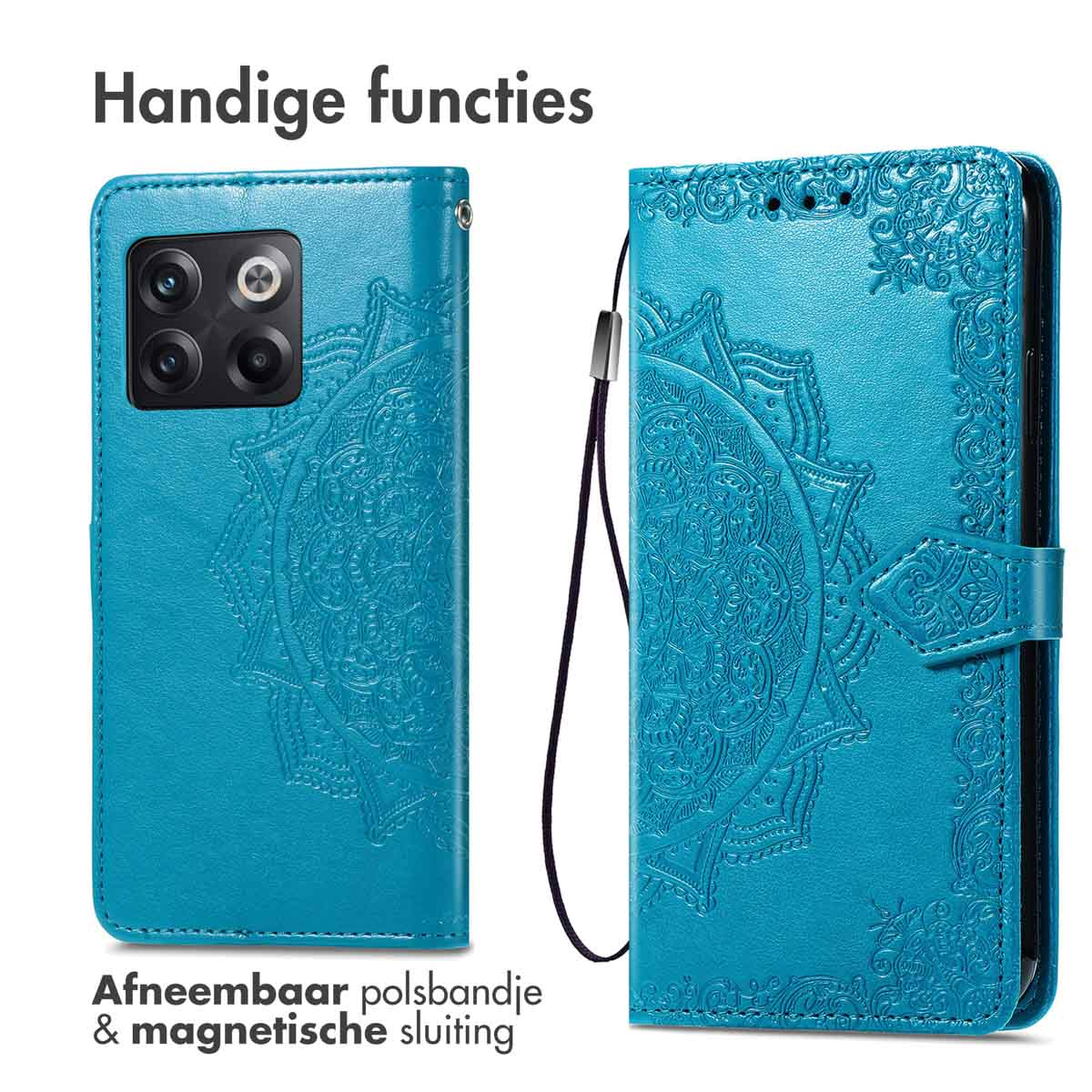 Twee telefoonhoesjes. Eén is open en toont een gedetailleerd mandala-ontwerp. De andere heeft een riem en magnetische sluiting.