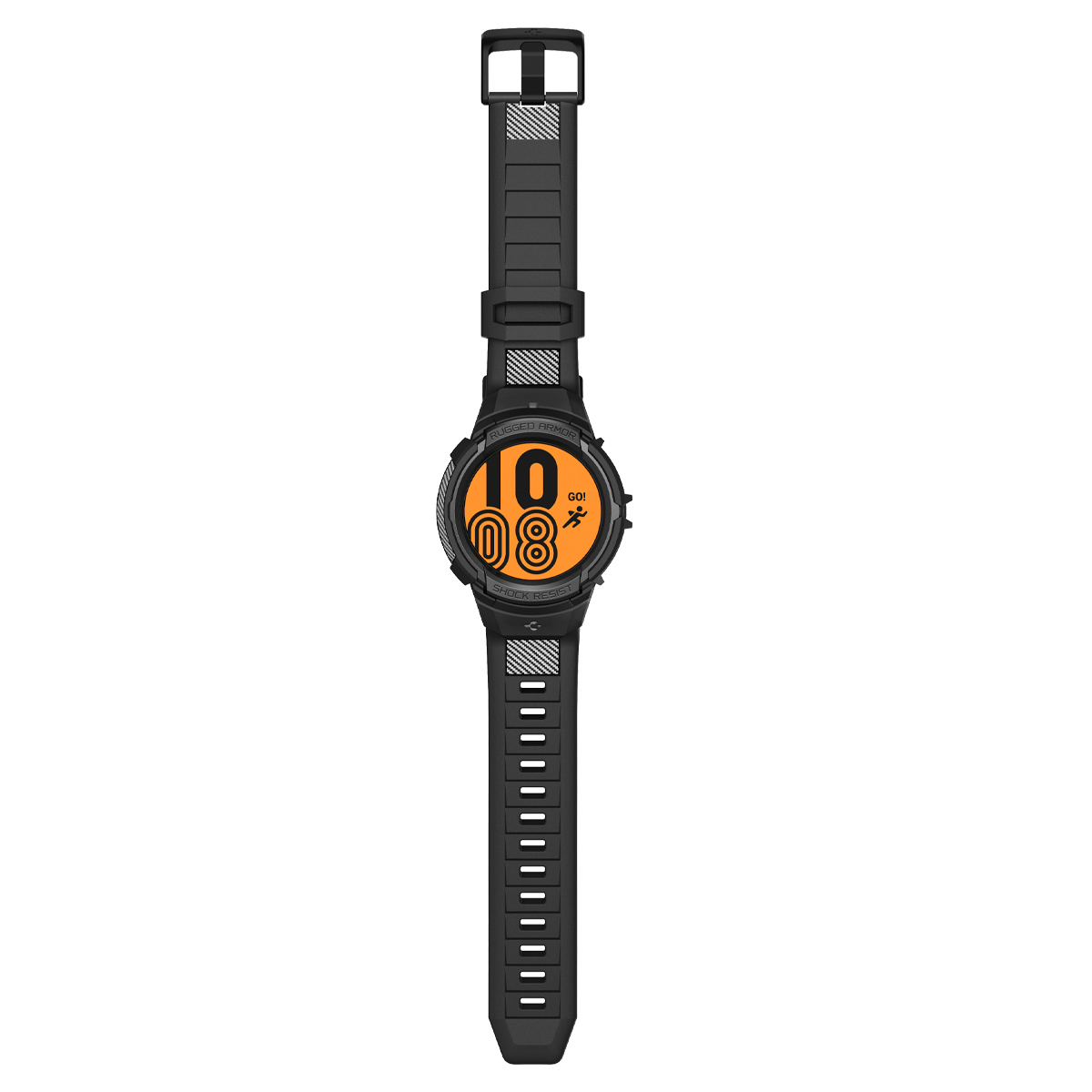 Zwarte smartwatch met oranje display en zwarte band.