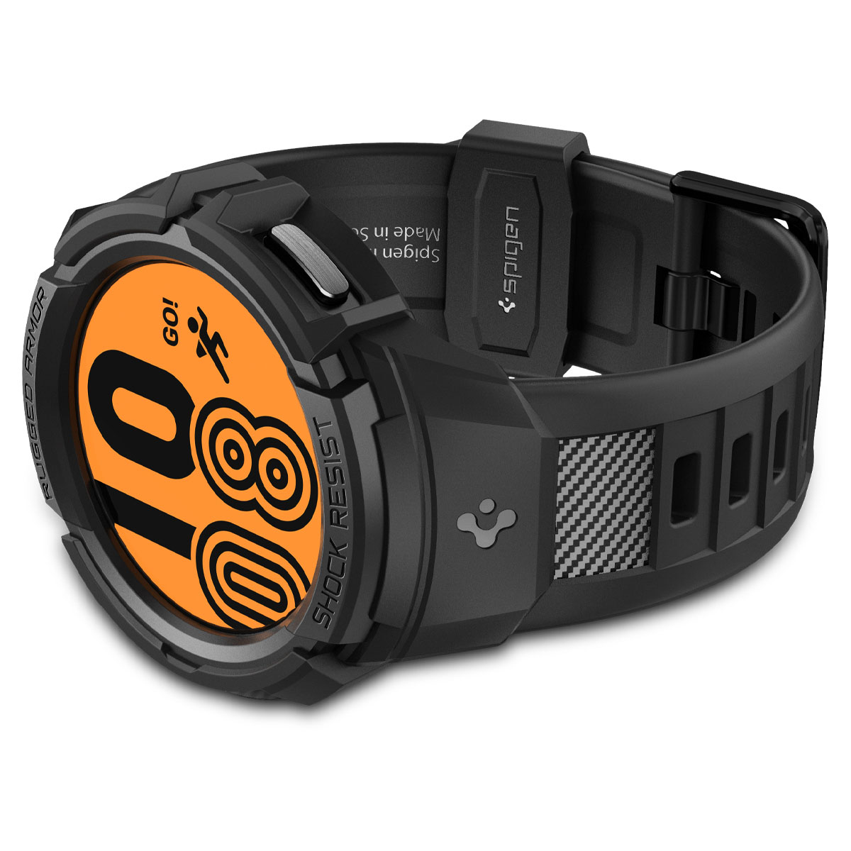 Zwarte smartwatch met oranje display, in een robuuste zwarte beschermhoes.