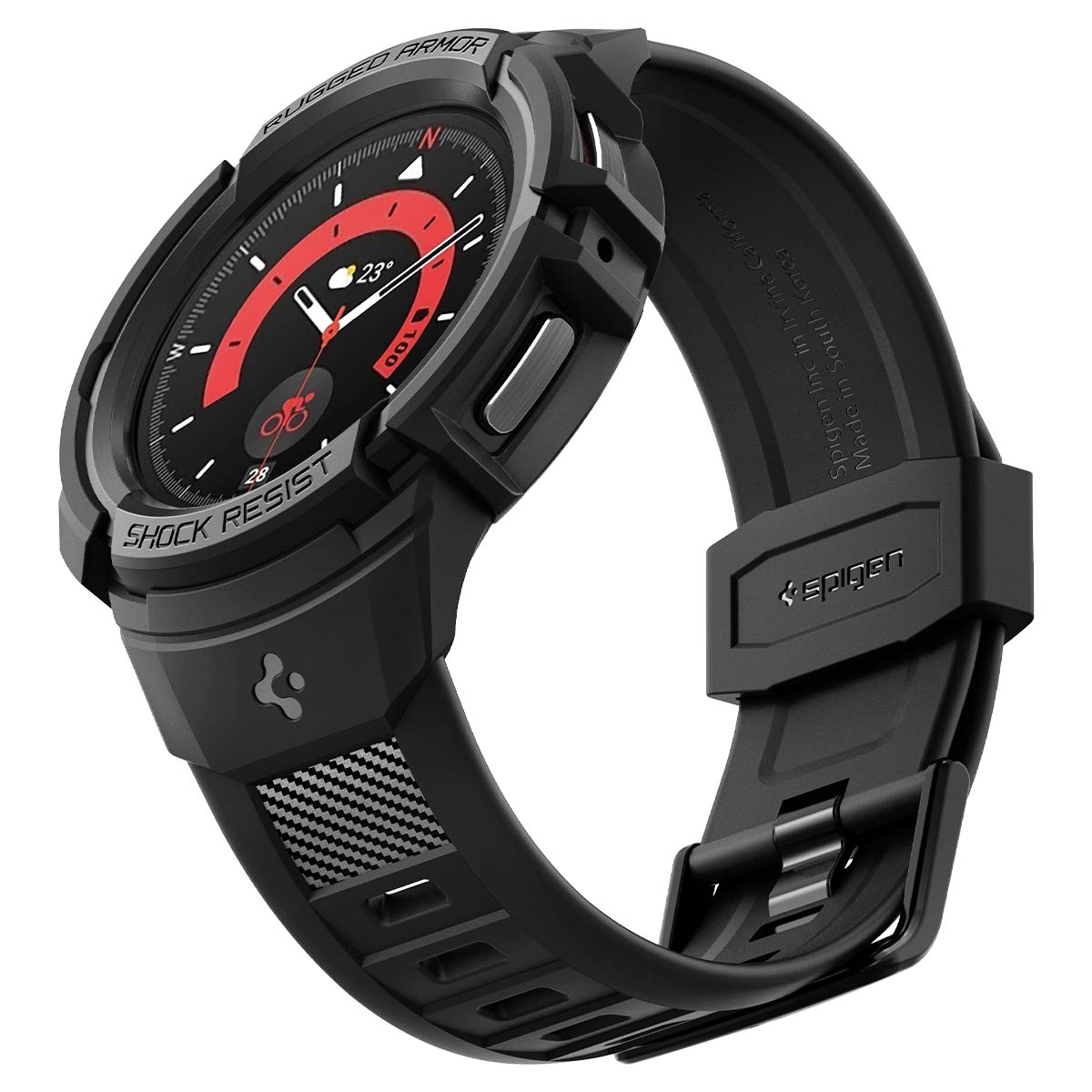 Zwarte smartwatch met zwarte band en rand, rood en zwarte wijzerplaat met tijd.