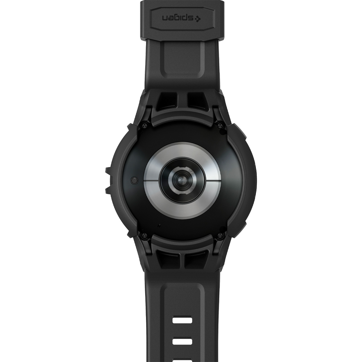 Zwarte smartwatch met een zwarte band. De achterkant van het horloge is zichtbaar.