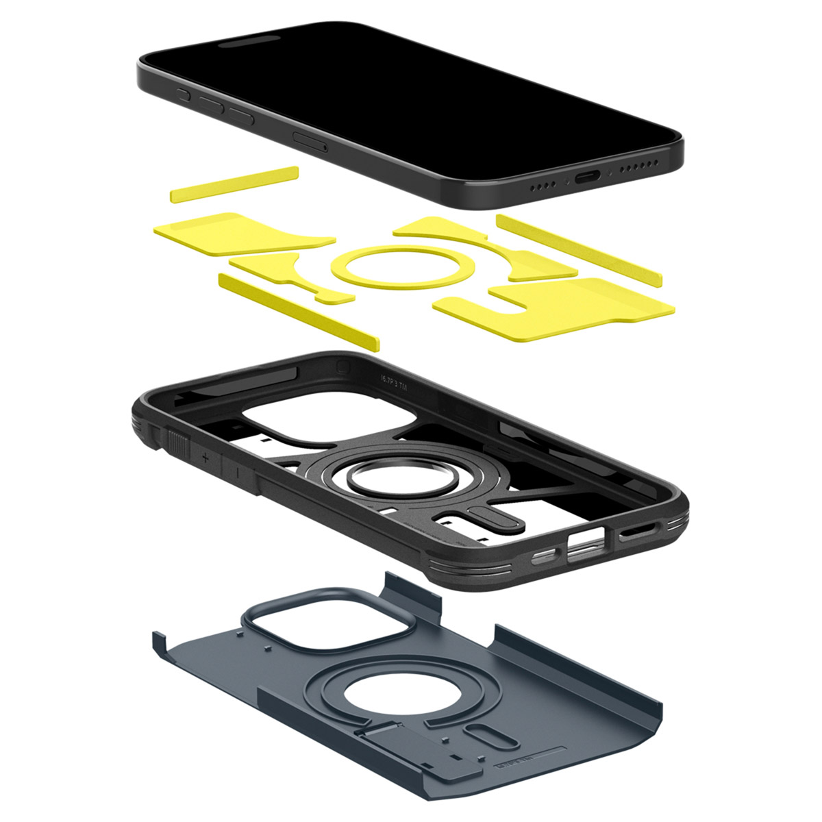 Parti della custodia del telefono: telefono, adesivo giallo, custodia nera, fondo blu.
