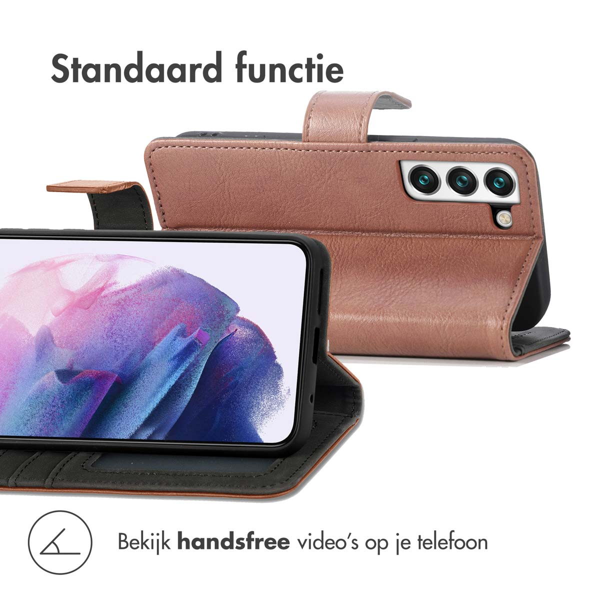 Coque de téléphone avec un téléphone à l'intérieur. C'est une coque rose avec une fermeture magnétique.