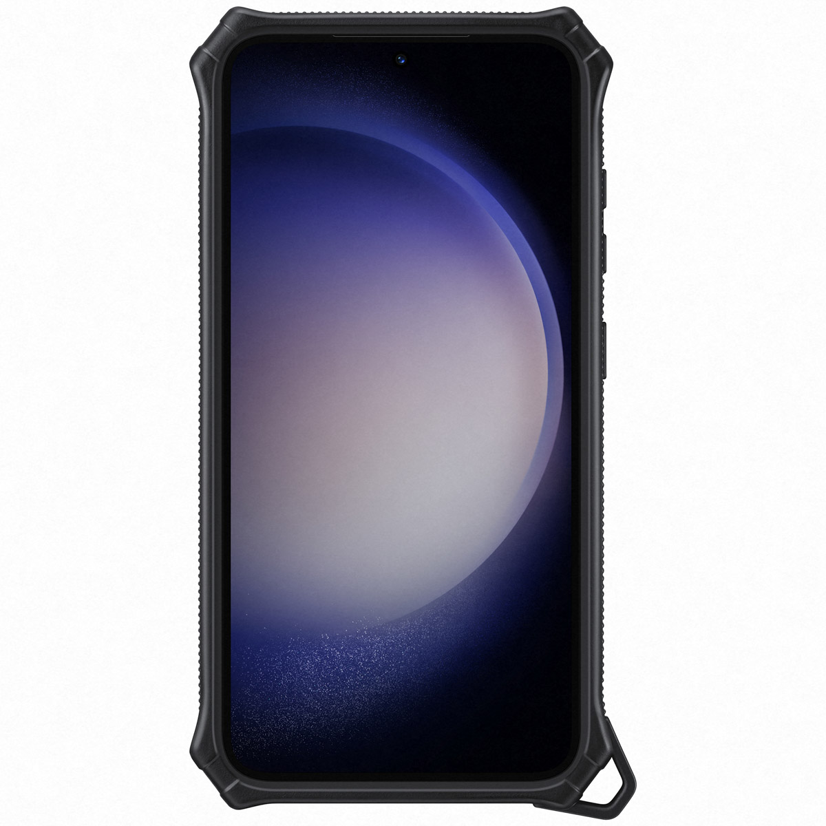 Ein schwarzes Smartphone in einem robusten schwarzen Gehäuse, mit blauem Bildschirm.