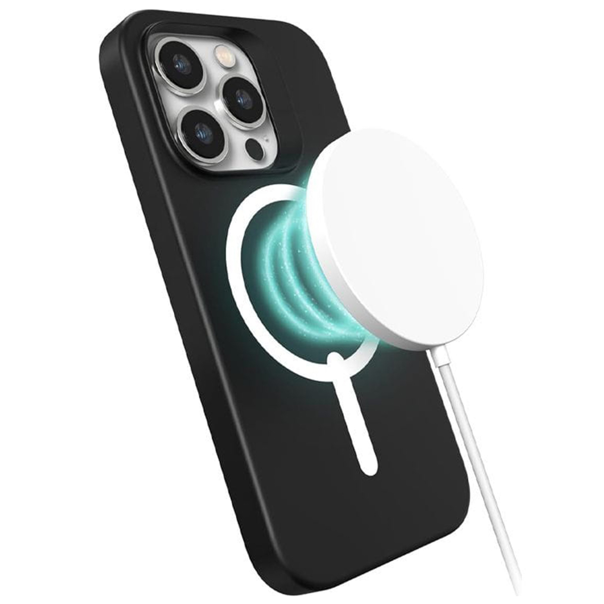Schwarze Handyhülle mit weißem Ladekreis. Ein weißes Ladegerät ist mit dem Telefon verbunden.