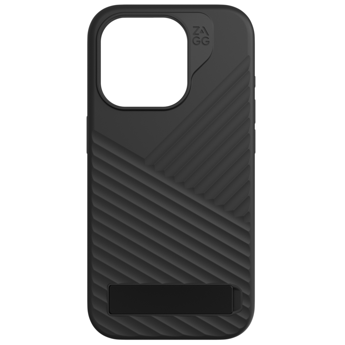 Schwarze Handyhülle mit diagonalen Linien und einem Ständer.