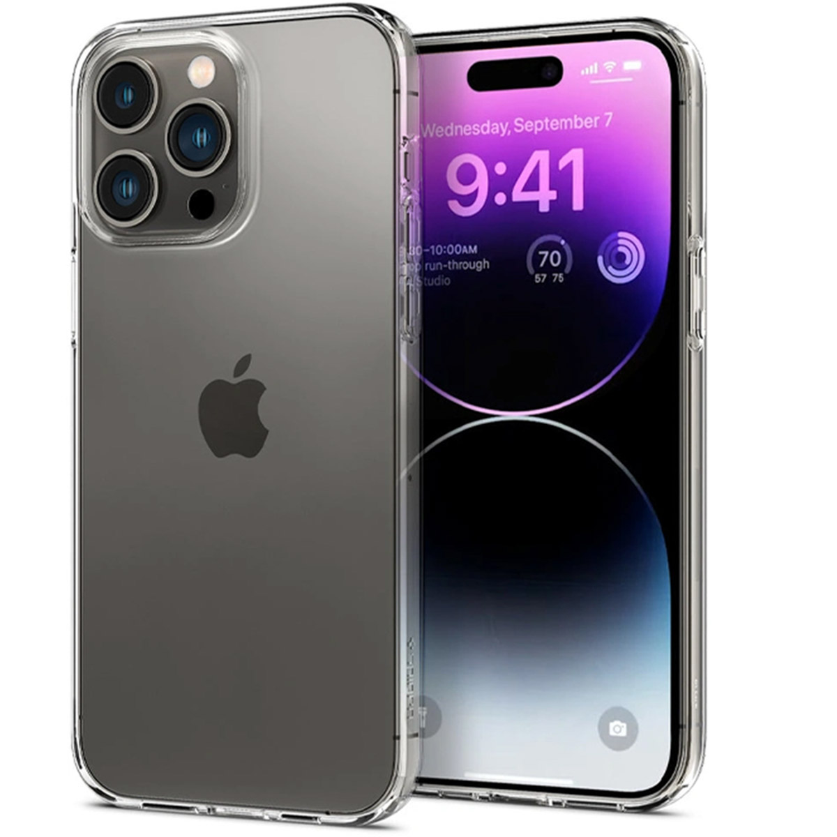 Twee doorzichtige telefoonhoesjes, één met een telefoon erin. De telefoon heeft een scherm.