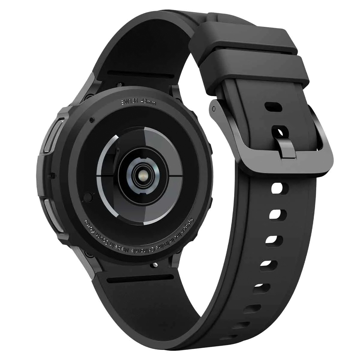 Achterkant zwarte smartwatch met sensoren en zwarte band met gesp.