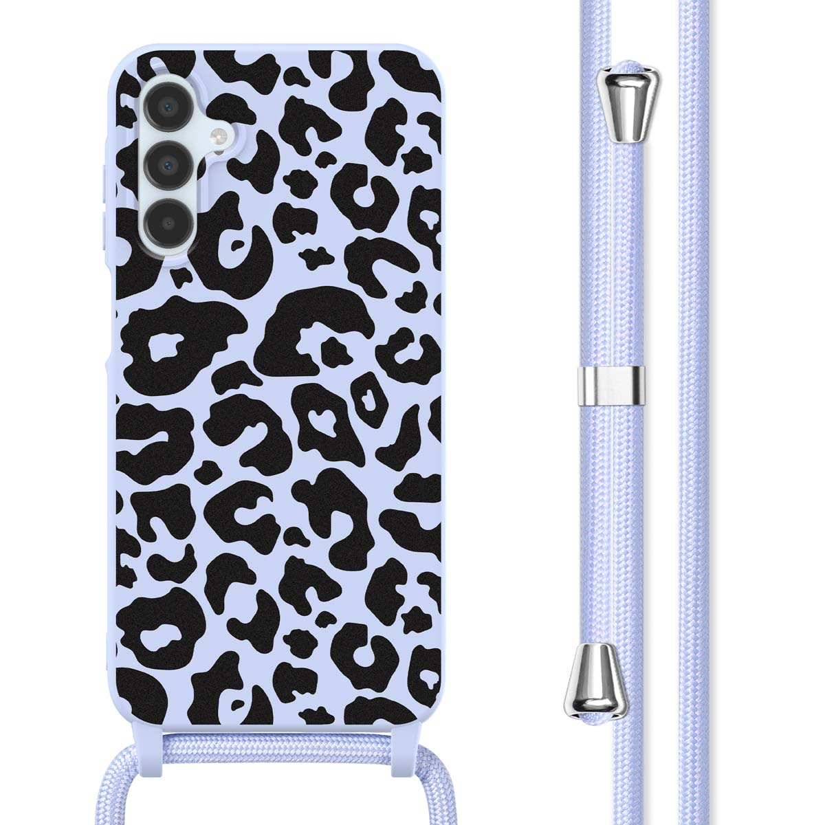 Telefoonhoesje met een luipaardprint ontwerp. Lichtblauwe achtergrond. Een lichtblauw koord is bevestigd.