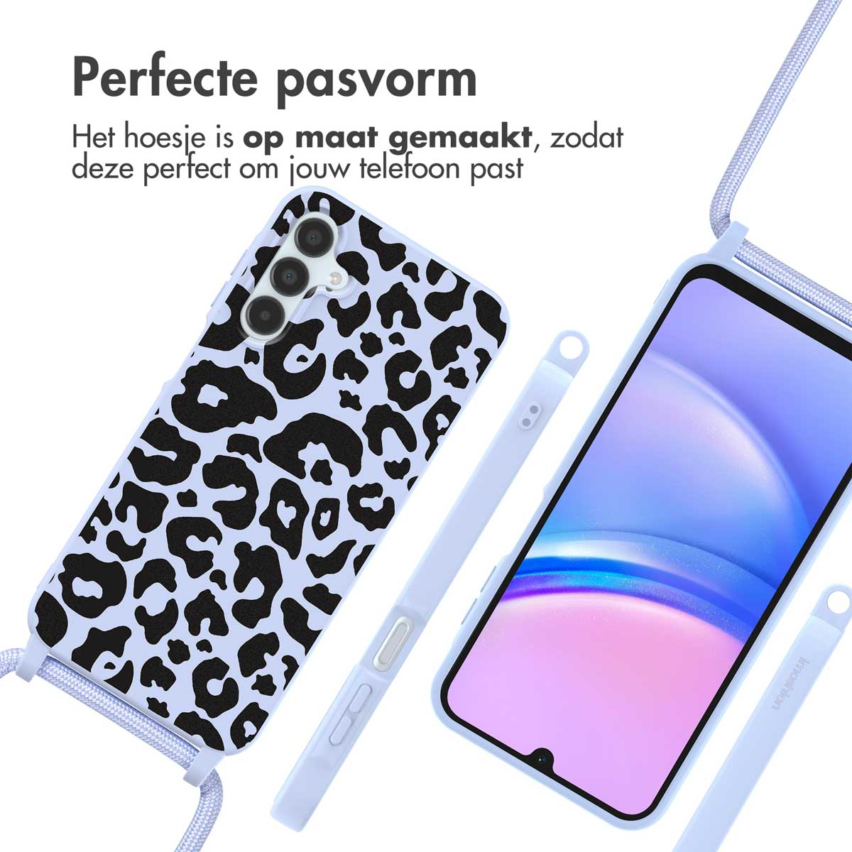 Telefoonhoes met luipaardprint met een lichtblauwe telefoon. Beide zijn schuin, met details.