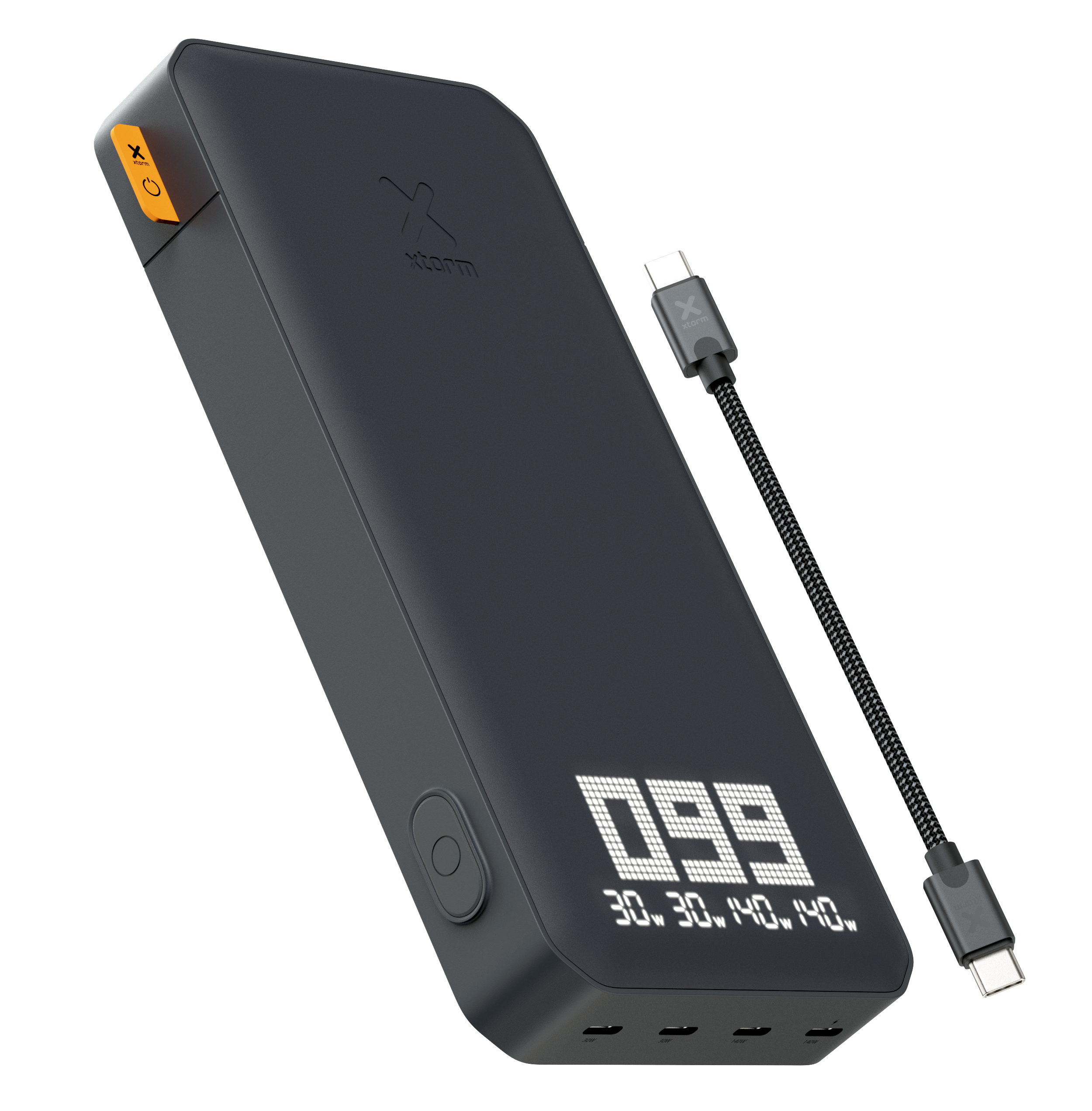 Schwarze Powerbank mit Digitalanzeige '099'. USB-C-Kabel angeschlossen. Schwarzer Hintergrund.
