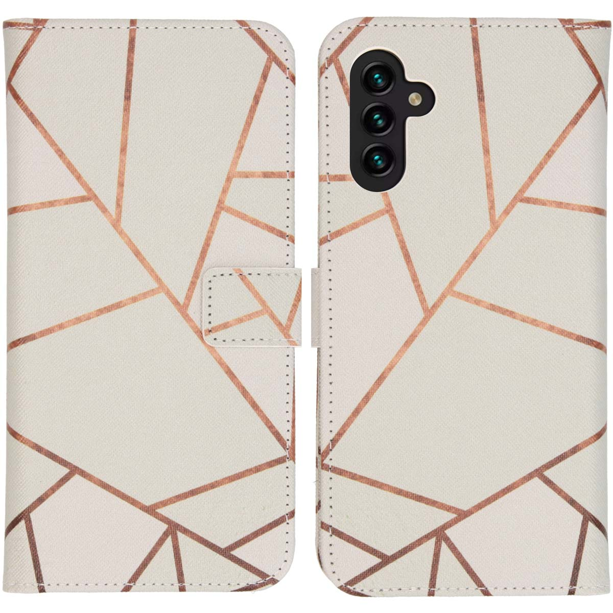 Witte en koperkleurige telefoonhoes met geometrisch patroon, opengeklapt.