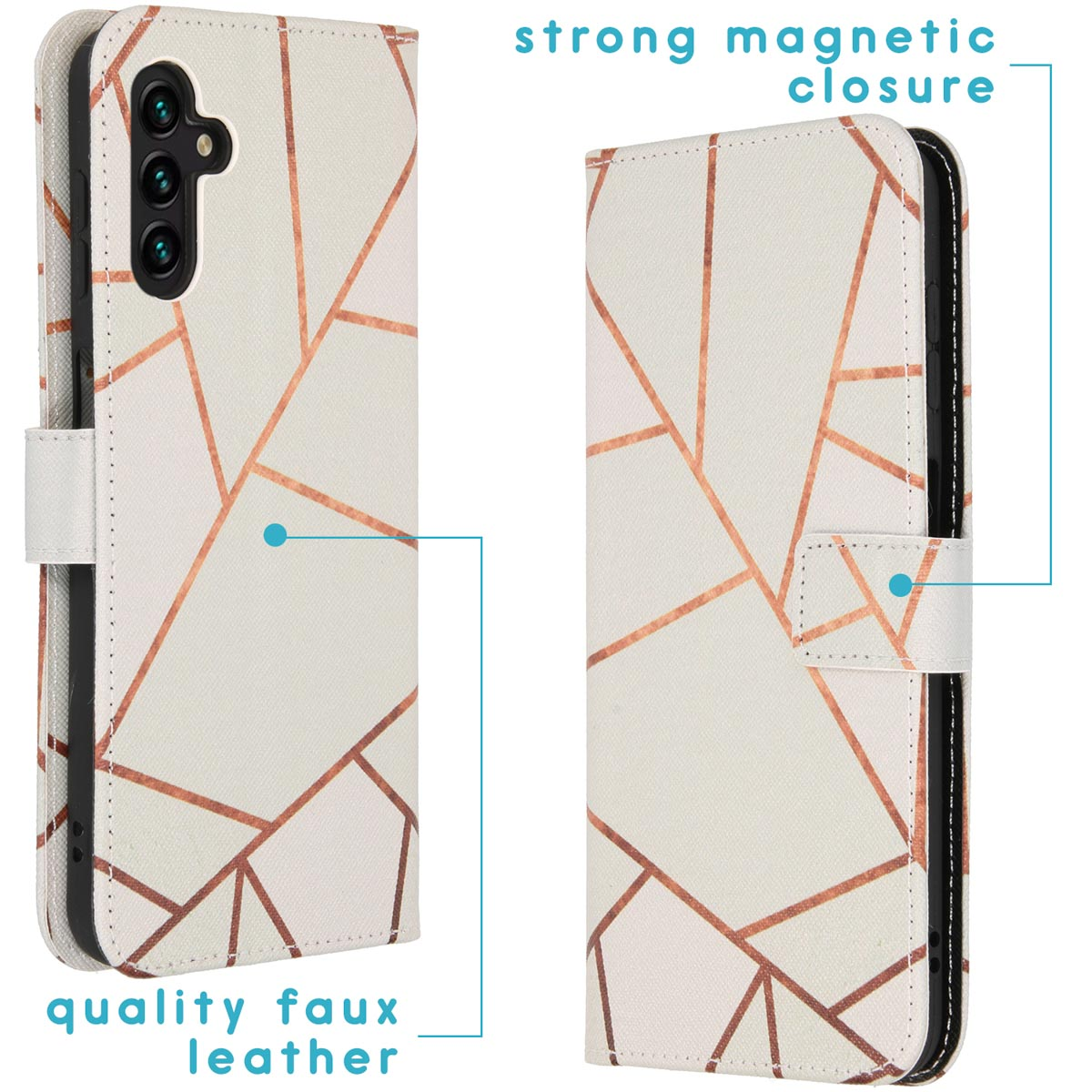Witte telefoonhoes met een koperkleurig geometrisch patroon. De hoes heeft een magnetische sluiting.