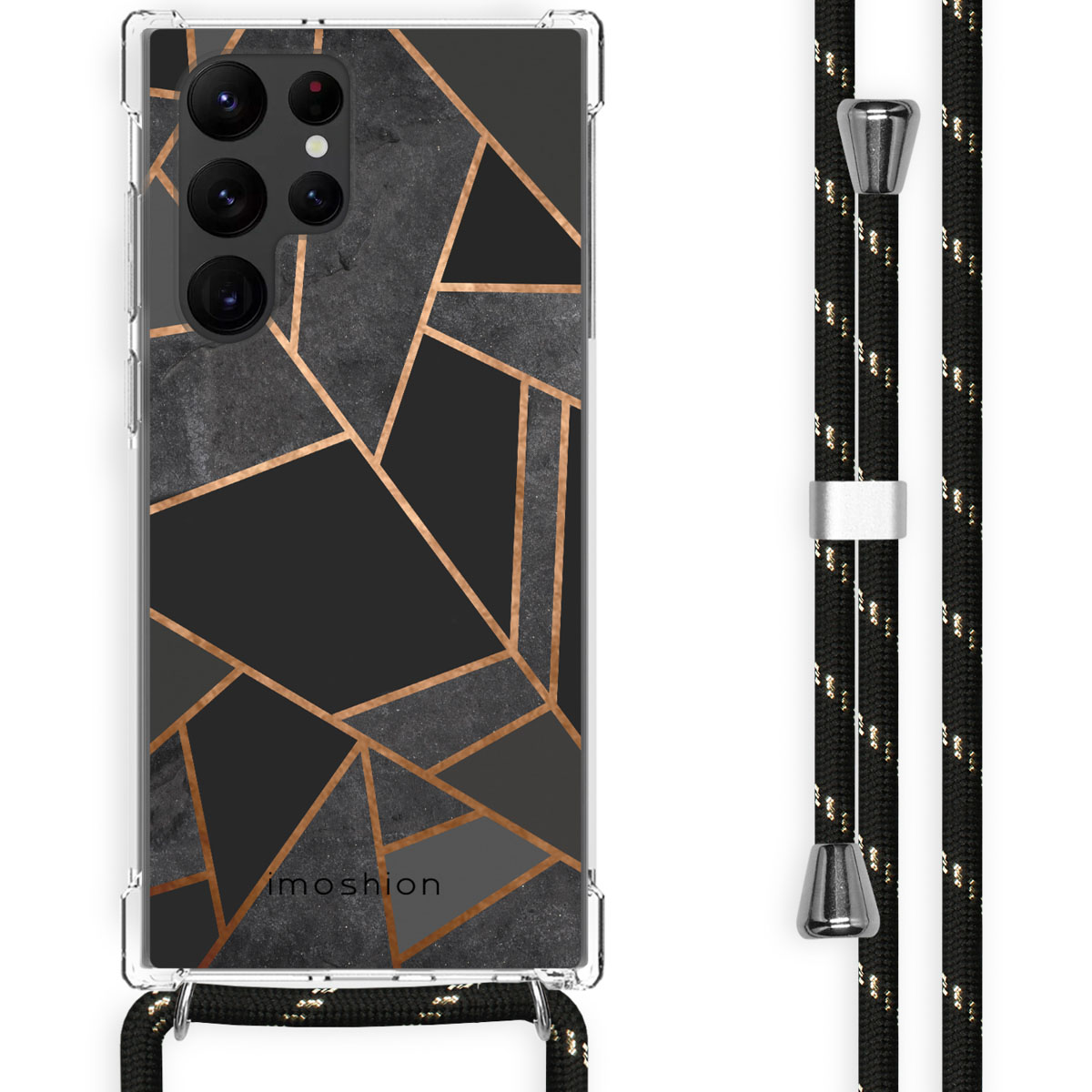 A phone with a black case featuring a geometric design in gold and gray with the word 'imoshion' on the bottom.