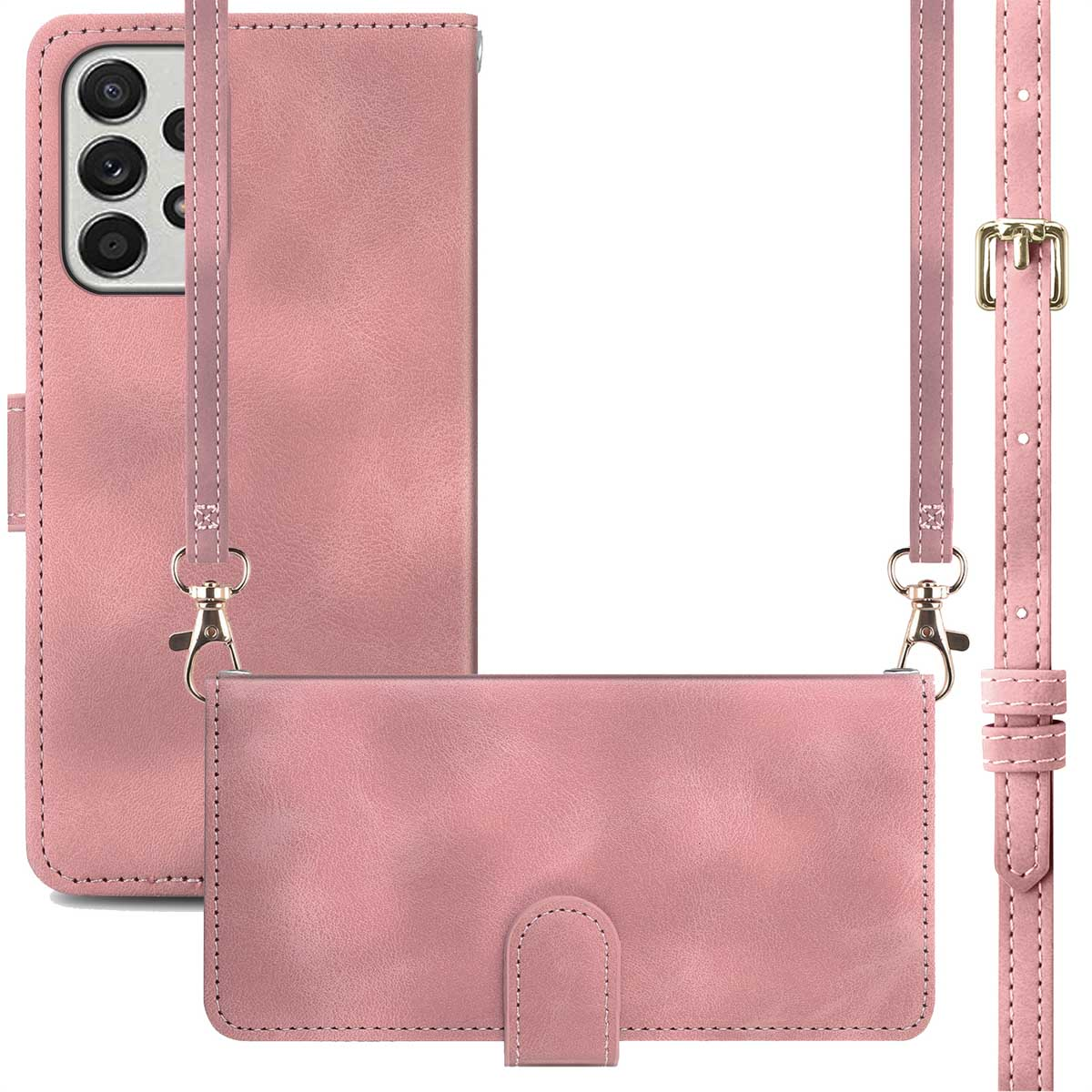Rosa Leder-Handyhülle mit passendem Riemen und separatem Portemonnaie.