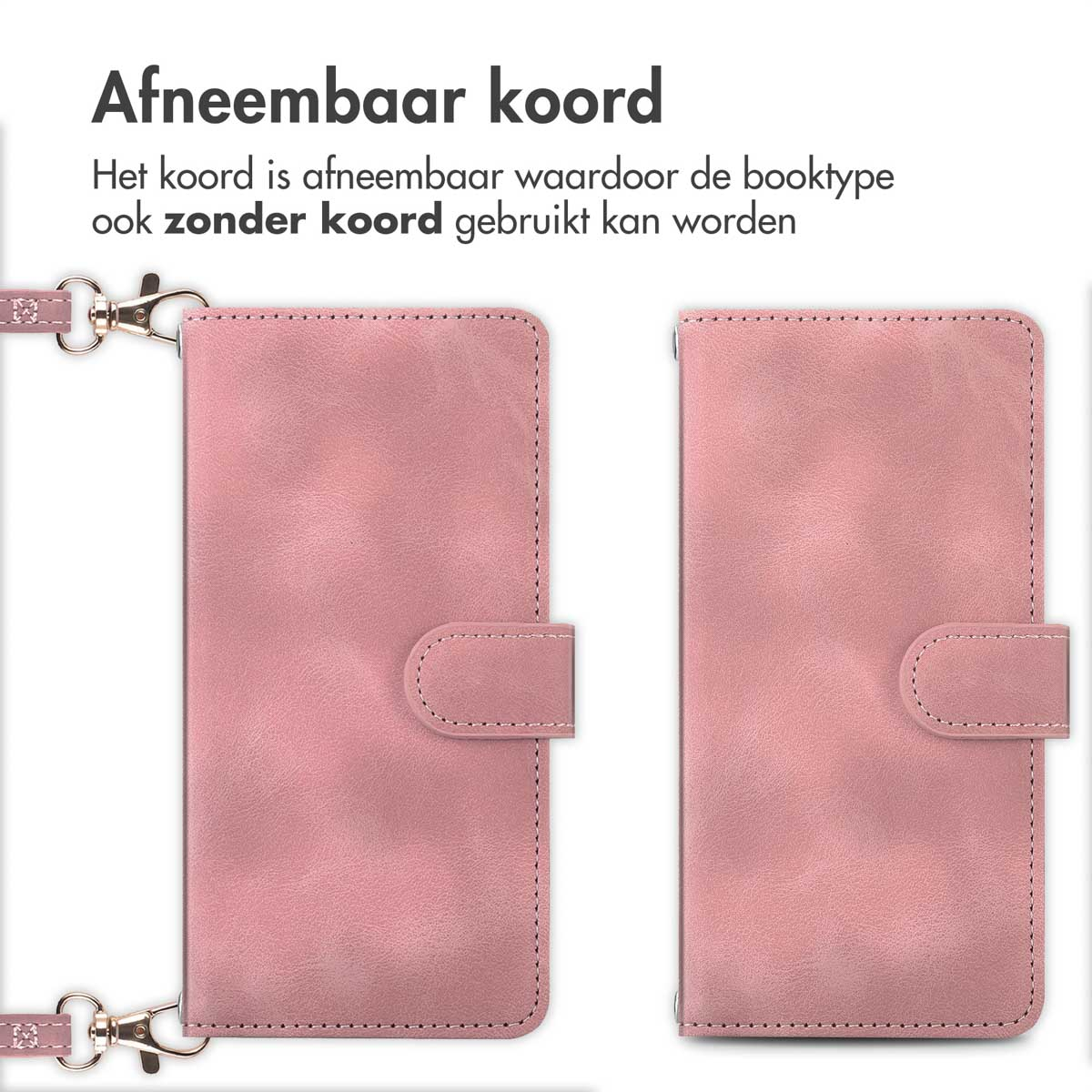 Deux étuis de téléphone roses avec cordon détachable. Un étui ouvert, l'autre fermé avec une fermeture.