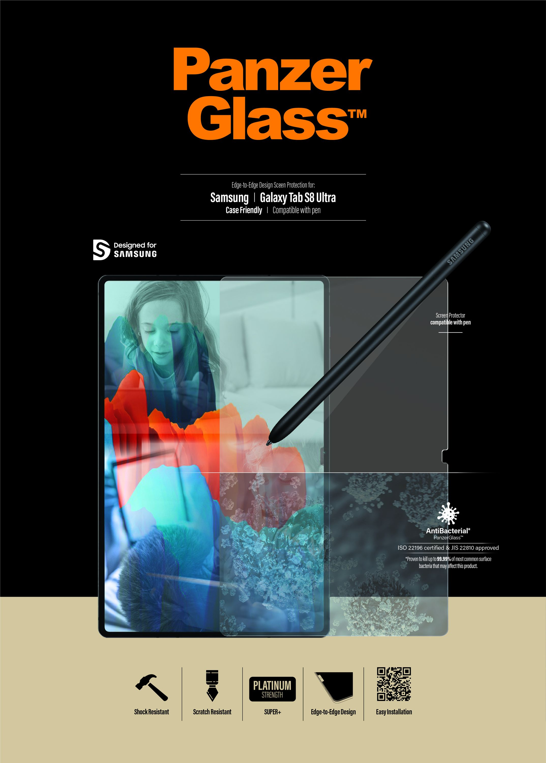 Tablet z osłoną ekranu i rysikiem. Ekran wyświetla kolorowy obraz. Nakładka tekstowa.