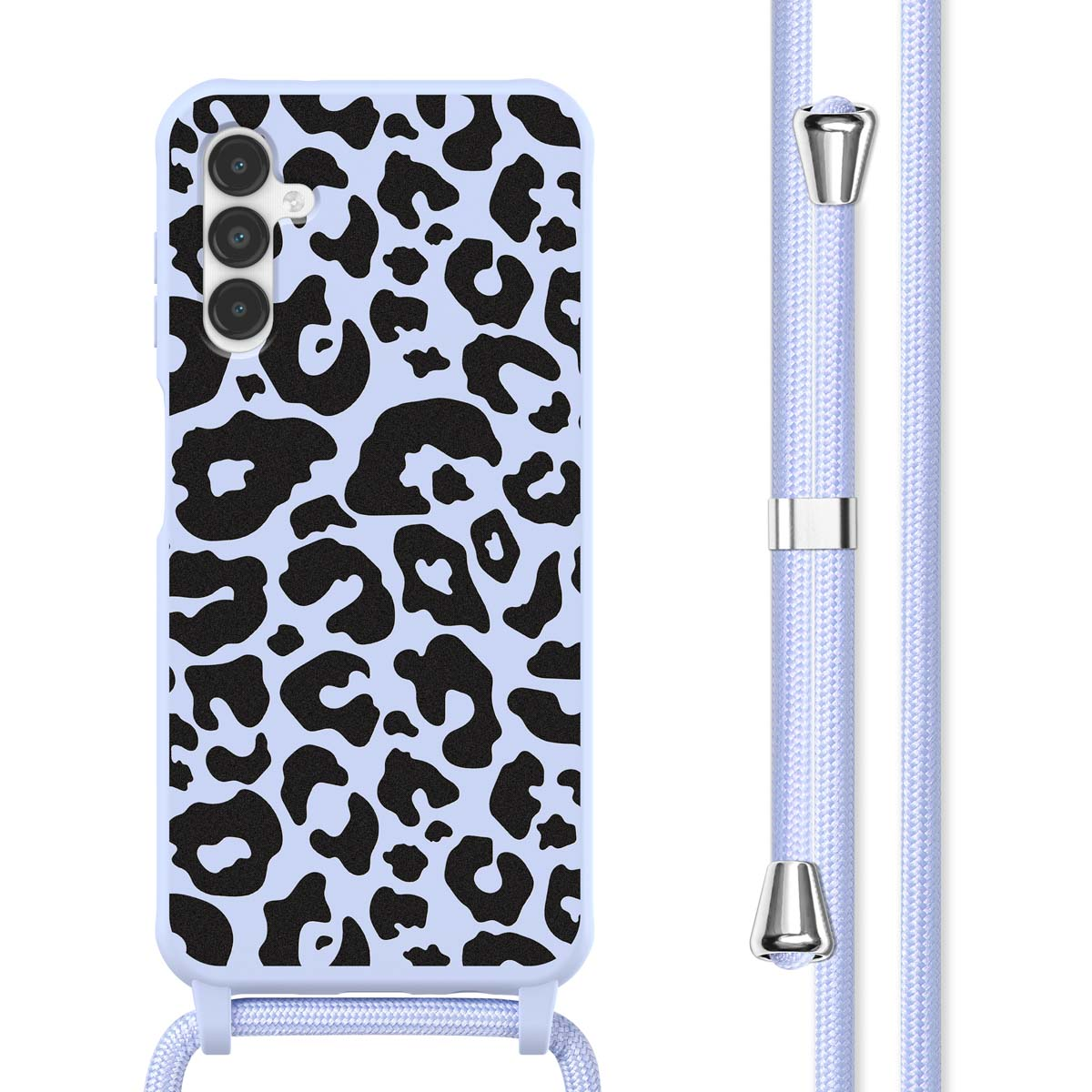 Lichtblauwe telefoonhoes met zwarte luipaardprint en een bijpassend koord. De telefoonhoes wordt getoond.