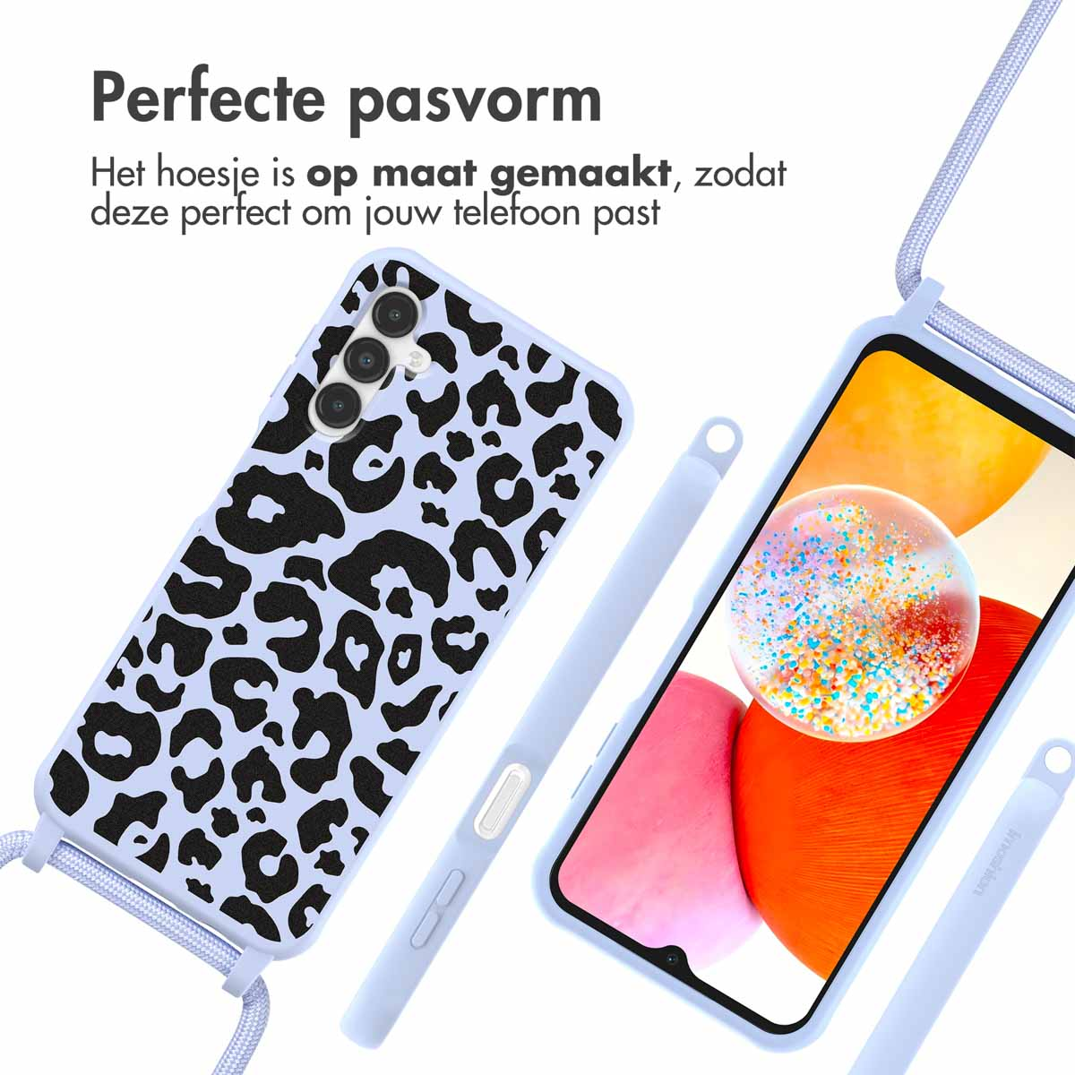 Telefoon met luipaardprint hoesje en een koord, naast een telefoon met een oranje scherm.