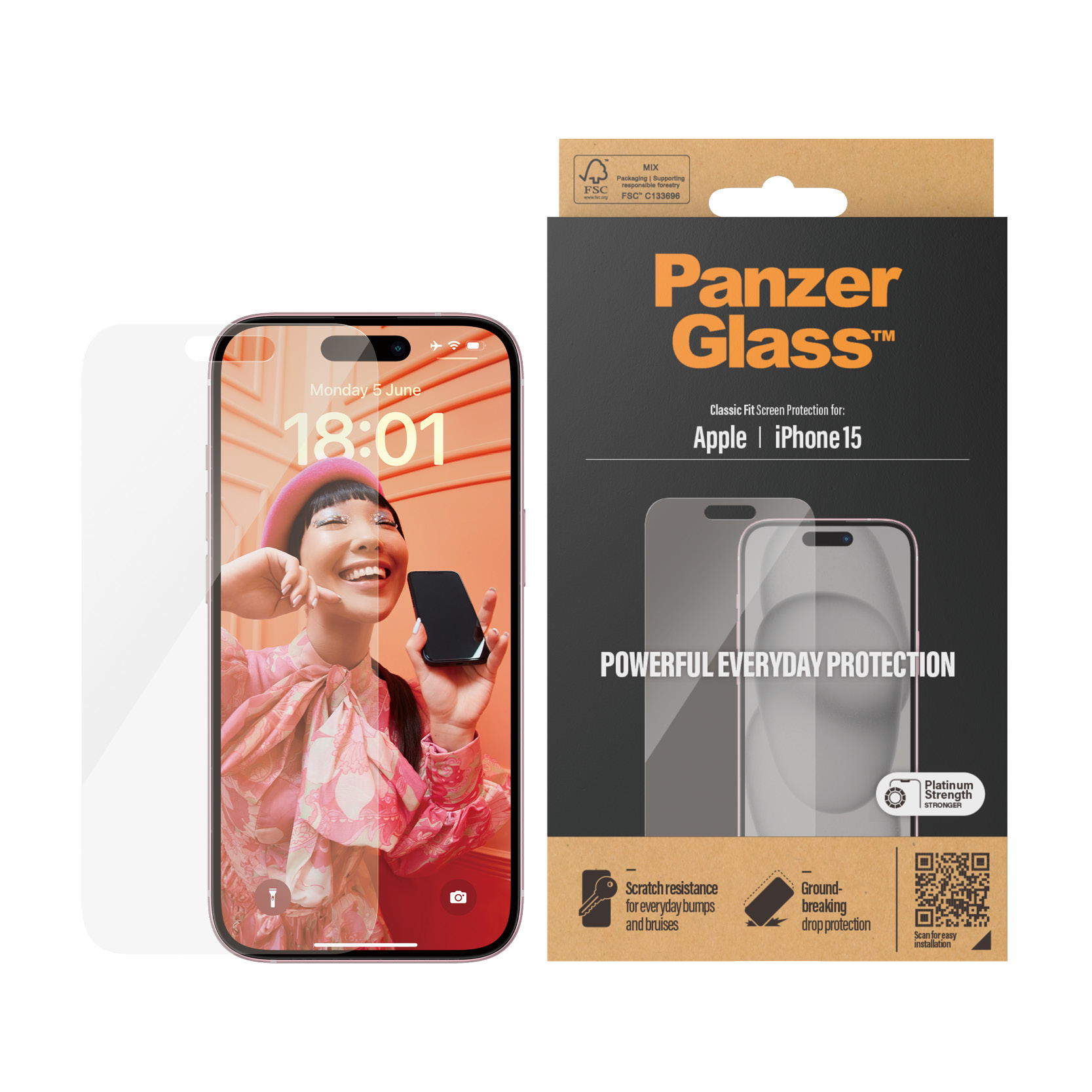 Boxed screen protector for Apple iPhone 15. Features: scratch resistance, drop protection.