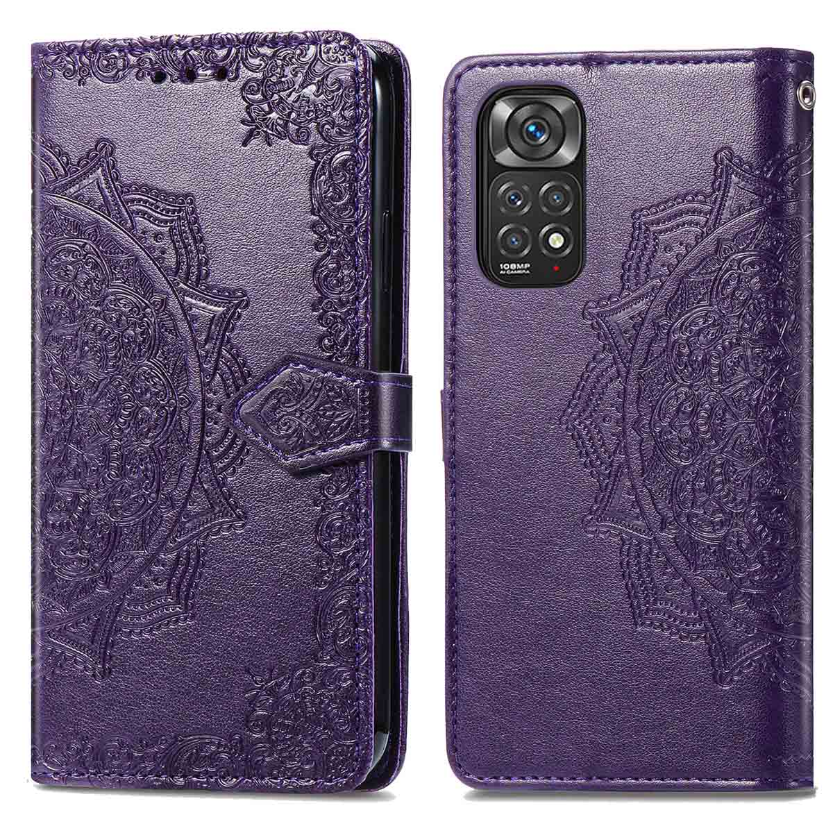 Étui de téléphone violet, motif floral, style portefeuille. Ouvert pour révéler le téléphone et les fentes pour cartes.