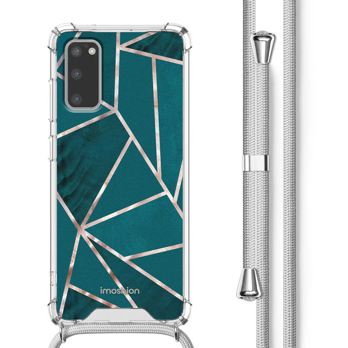 Turquoise telefoonhoes met geometrisch ontwerp en een zilveren band, en een telefoon.