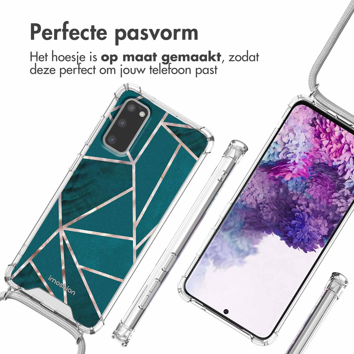 Telefoon met geometrisch design hoesje en koord, naast een telefoon met een kleurrijk scherm.