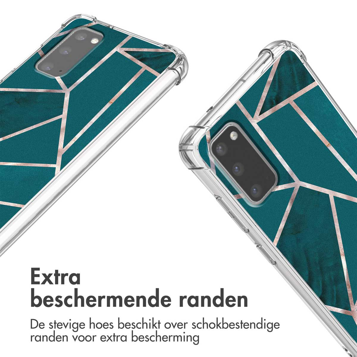 Twee telefoonhoesjes met een geometrisch patroon, teal achtergrond en roségouden lijnen.