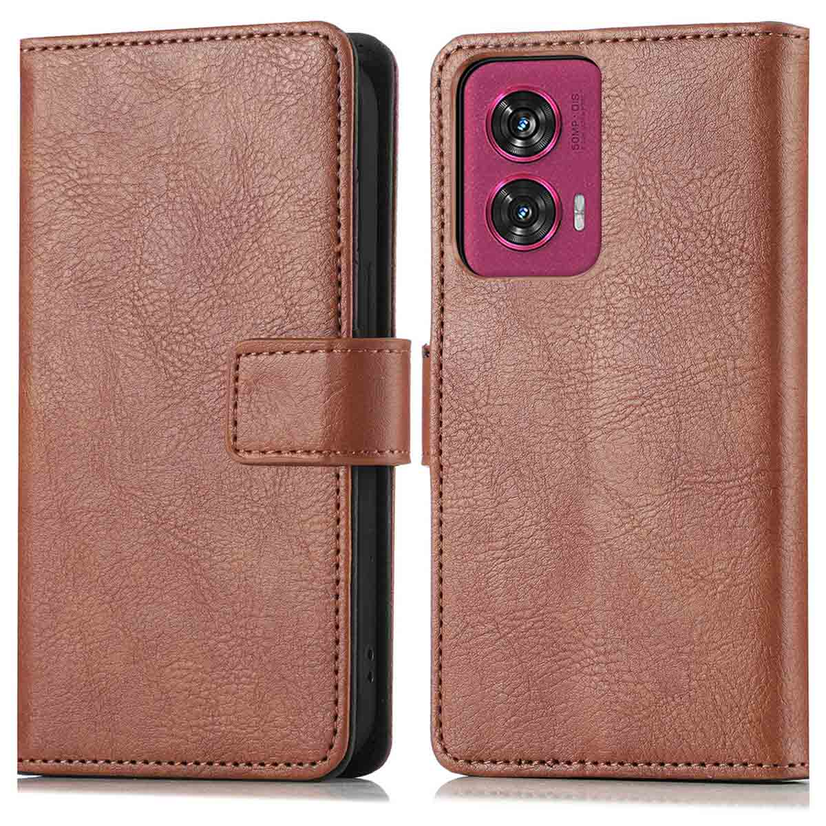 Étui portefeuille en cuir marron ouvert, affichant un téléphone avec appareil photo.