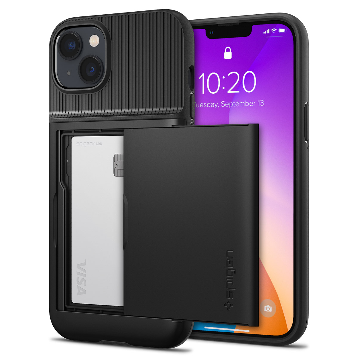 Téléphone dans un étui noir. L'étui contient une carte et un porte-cartes.