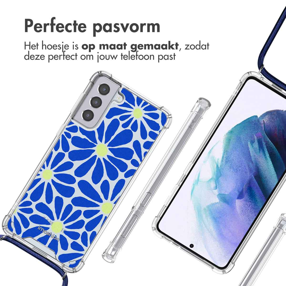 Telefoon met bloemen design hoesje. Tekst: Perfecte pasvorm. De telefoon zit in een hoesje en een ernaast.