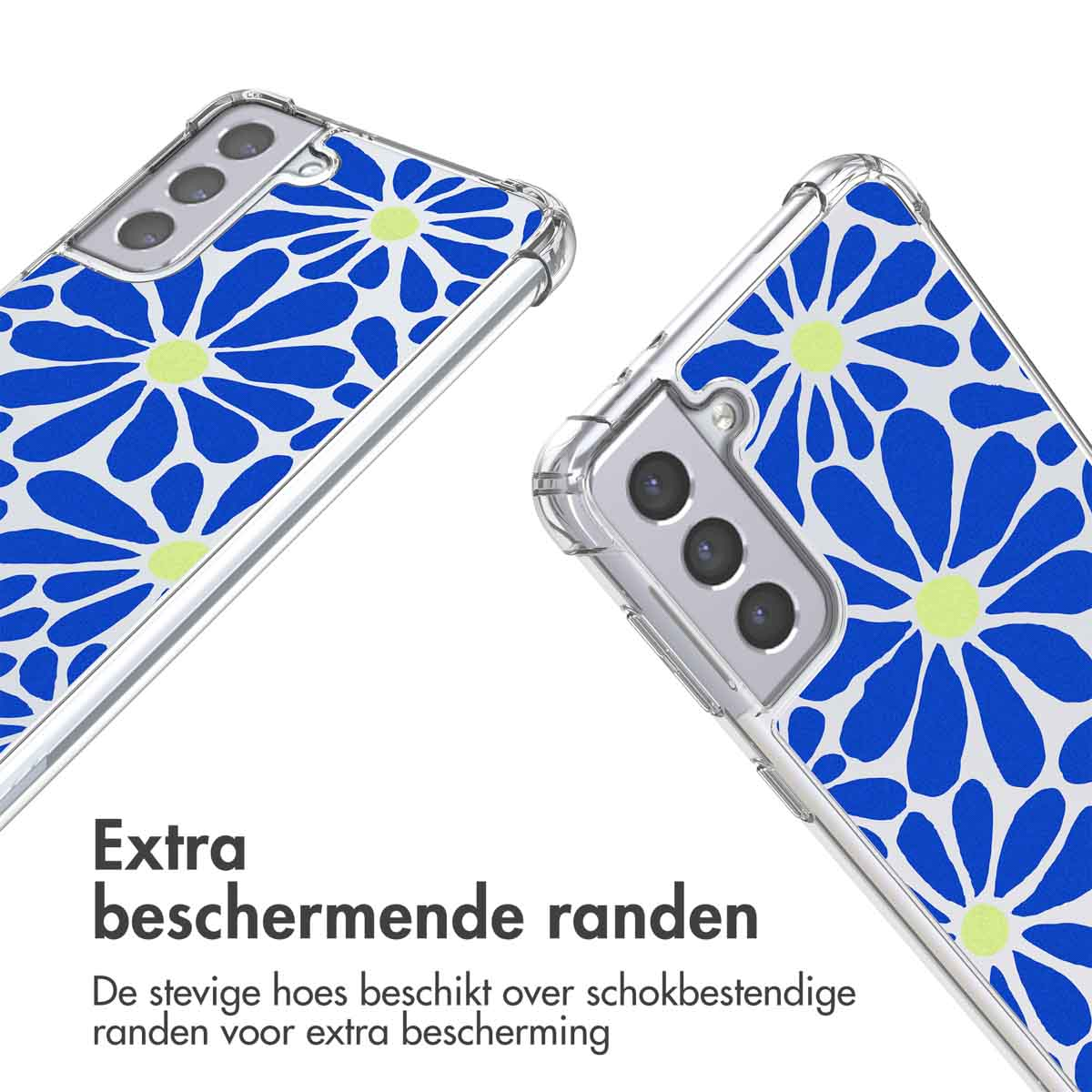 Twee telefoonhoesjes met een blauw bloemmotief op een transparante achtergrond. Witte achtergrond. Tekst over bescherming.
