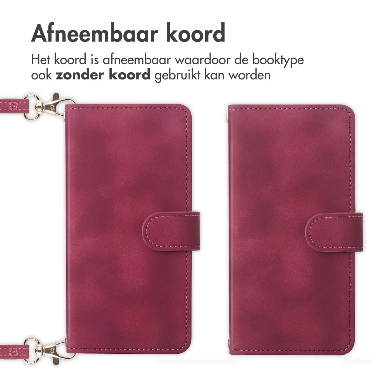 Coque de téléphone bordeaux avec sangle amovible, à plat et ouverte.