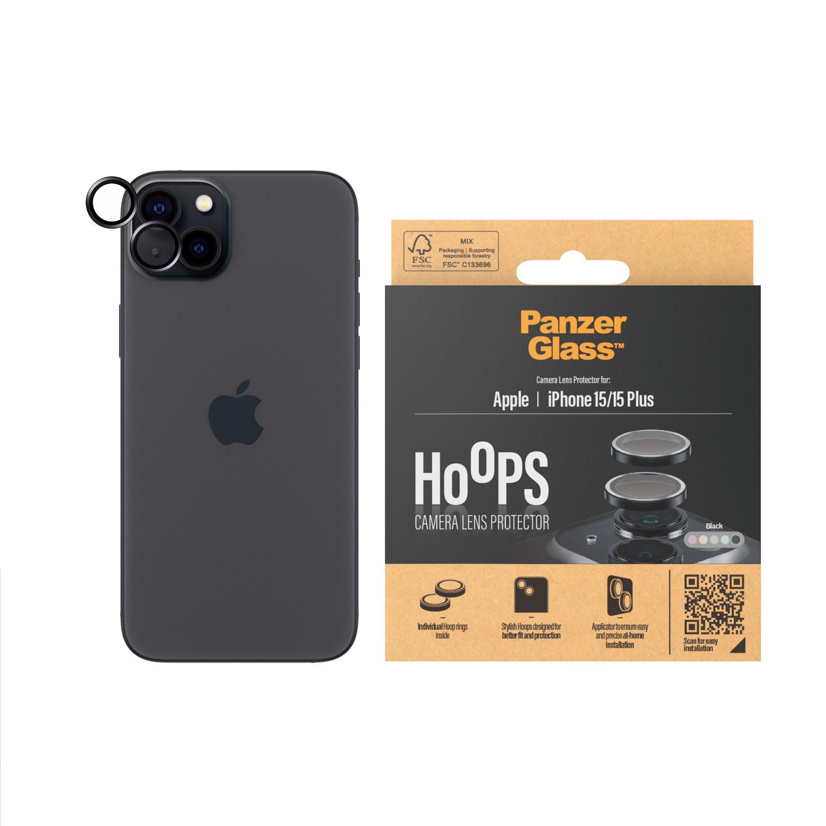 Een iPhone met lensbeschermers. De doos toont de productnaam en functies.