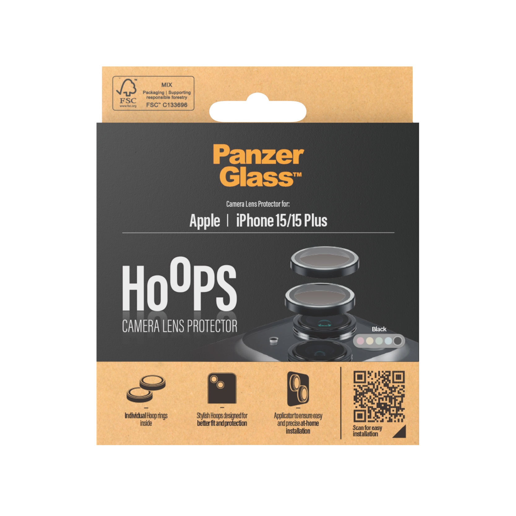 Panzer Glass cameralensbeschermer voor iPhone 15/15 Plus. Zwarte ringen met eenvoudige installatie en stijlvol design.