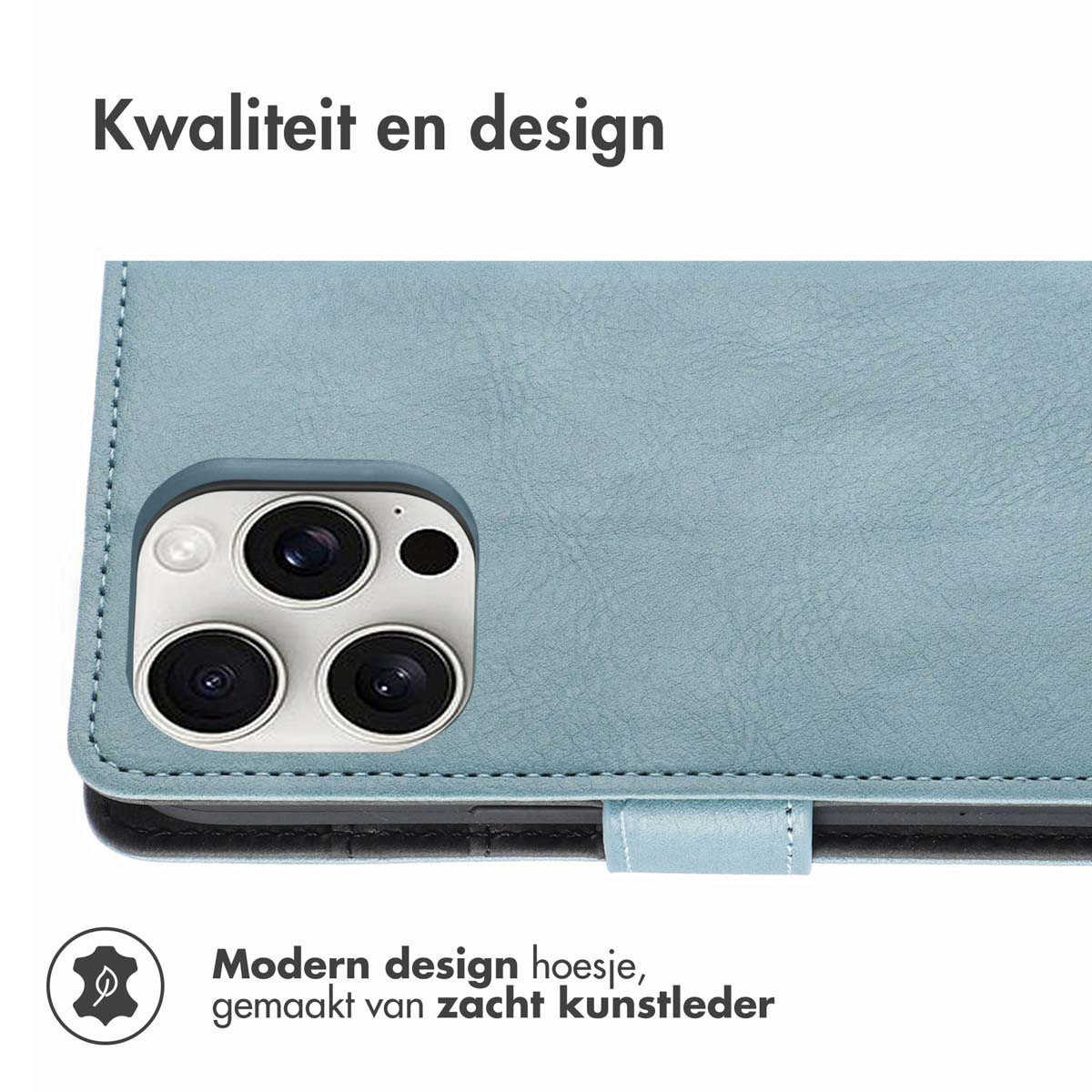 Telefoonhoes in blauw. Tekst: Modern design, gemaakt van zacht kunstleer. De telefoon zit erin.