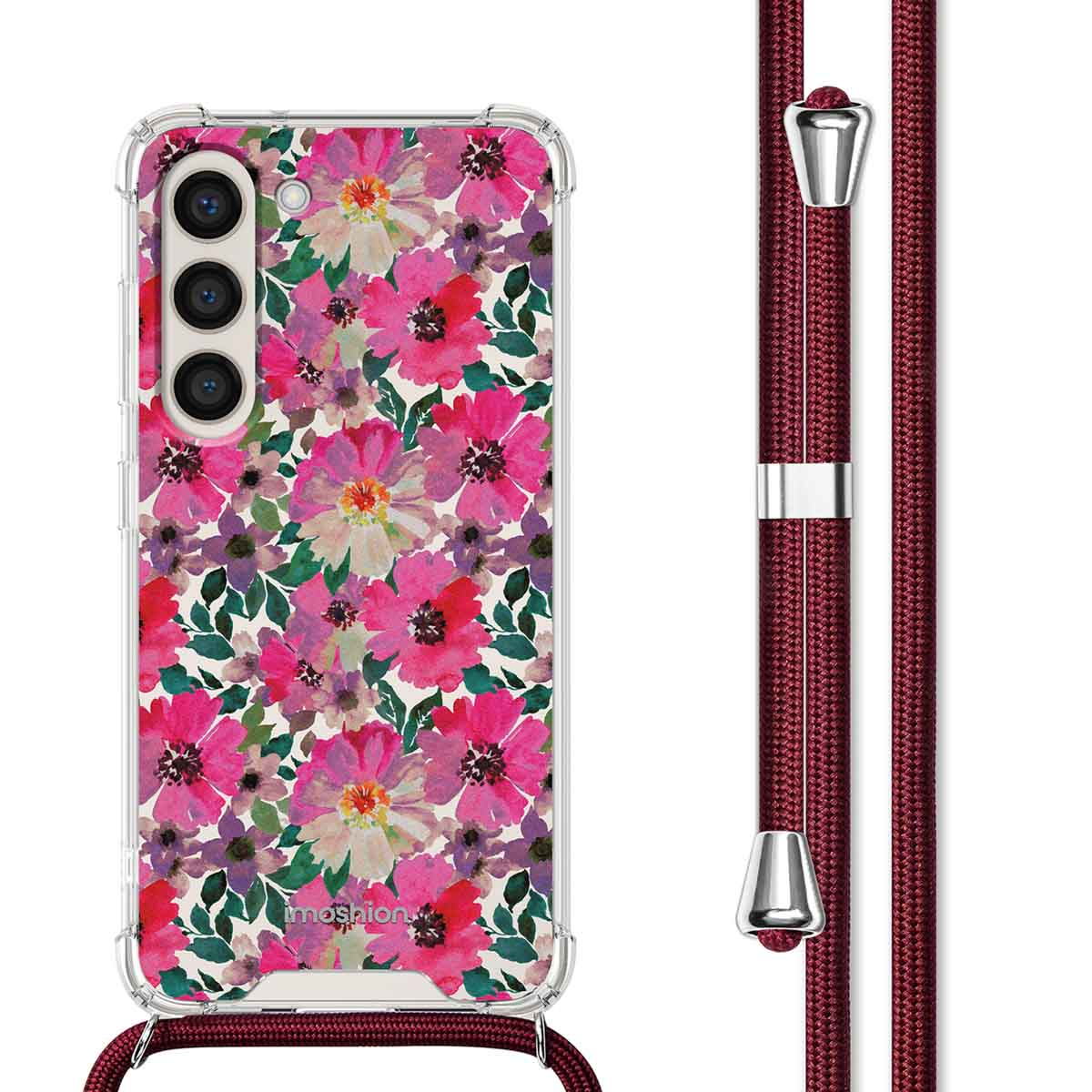 Telefoonhoesje met een bloemenpatroon en een bordeauxrode telefoonriem. De telefoonhoes heeft drie camera's.