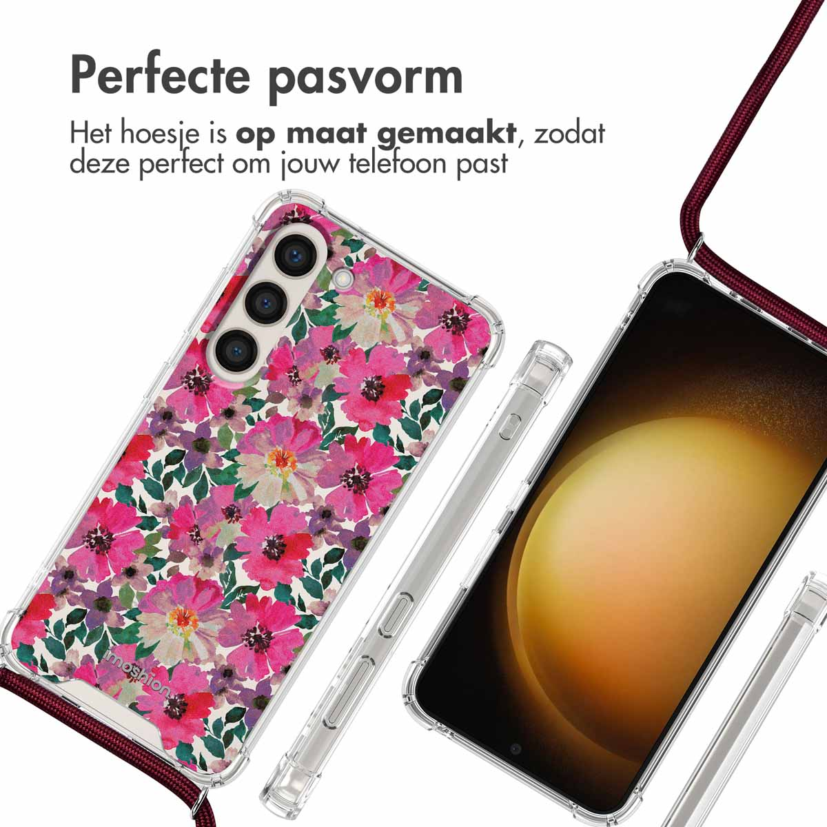 Bloemen telefoonhoes over een telefoon en een doorzichtige hoes met een bandje.