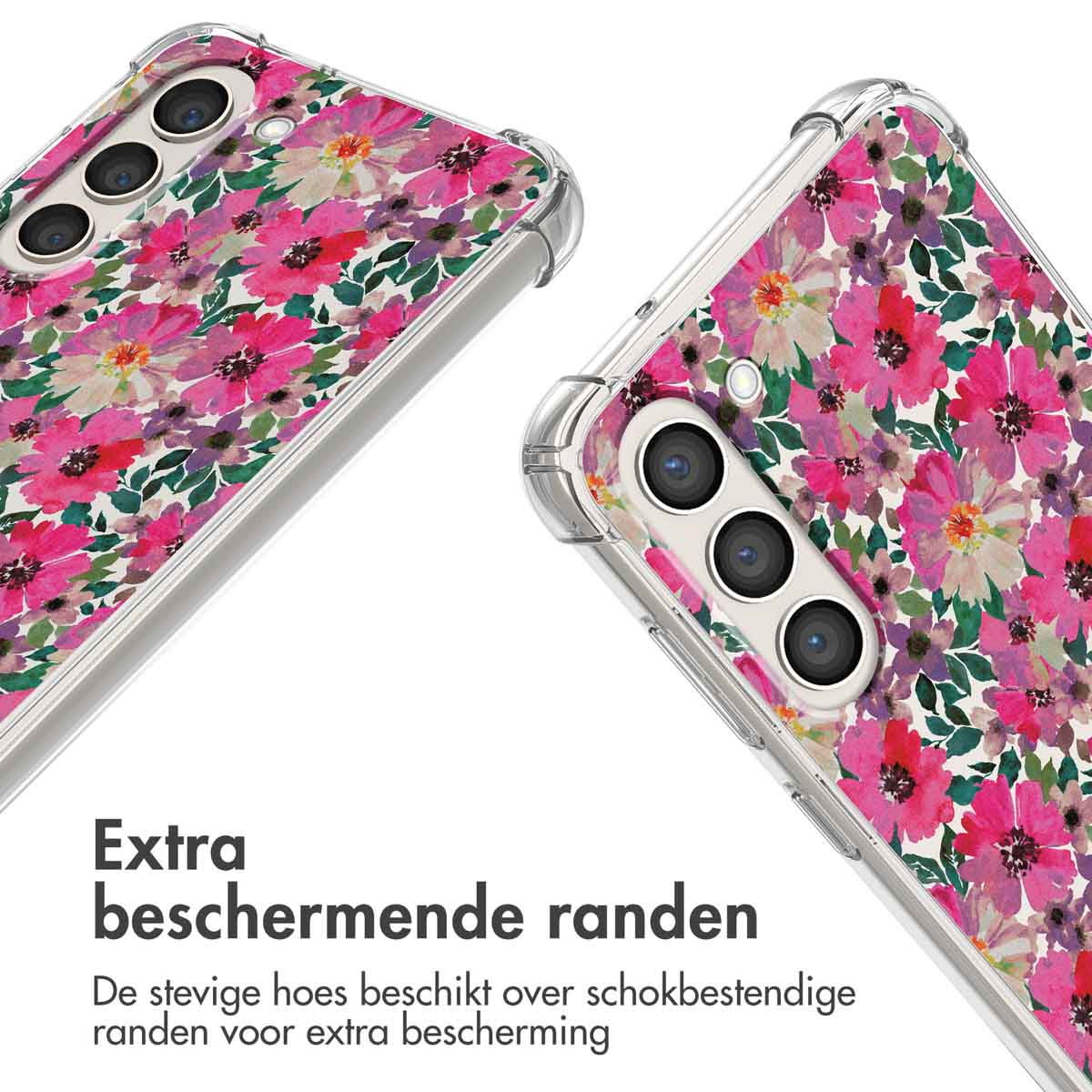 Twee telefoonhoesjes met bloemenontwerp. Roze bloemen op witte achtergrond, transparante randen.