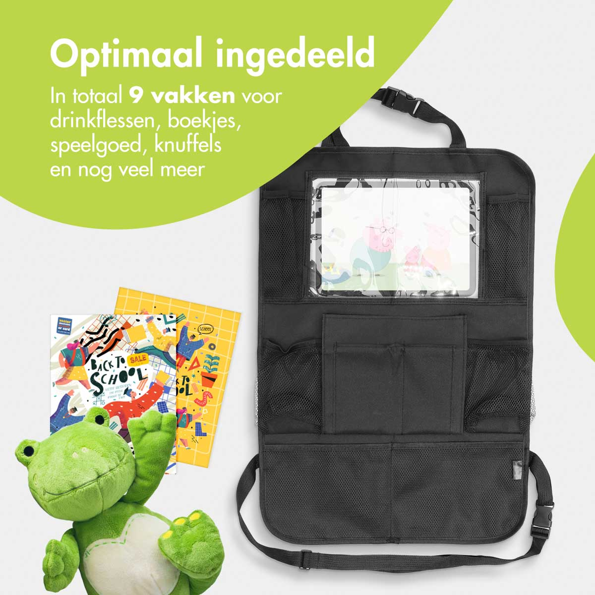 A black car seat organizer with various pockets, holding toys, books, and a stuffed frog.