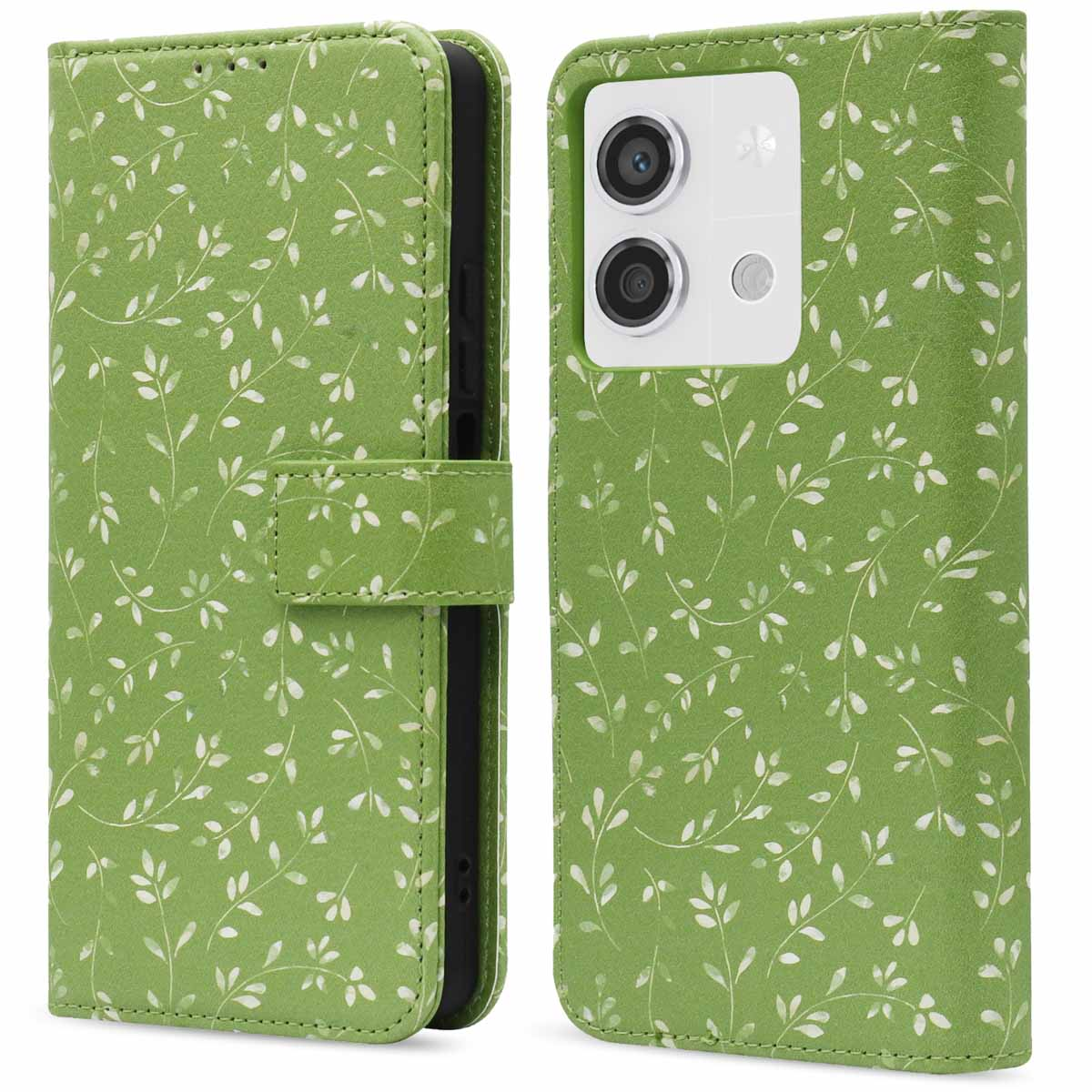 Groene telefoonhoes met wit bladerpatroon. Heeft een magneetsluiting.