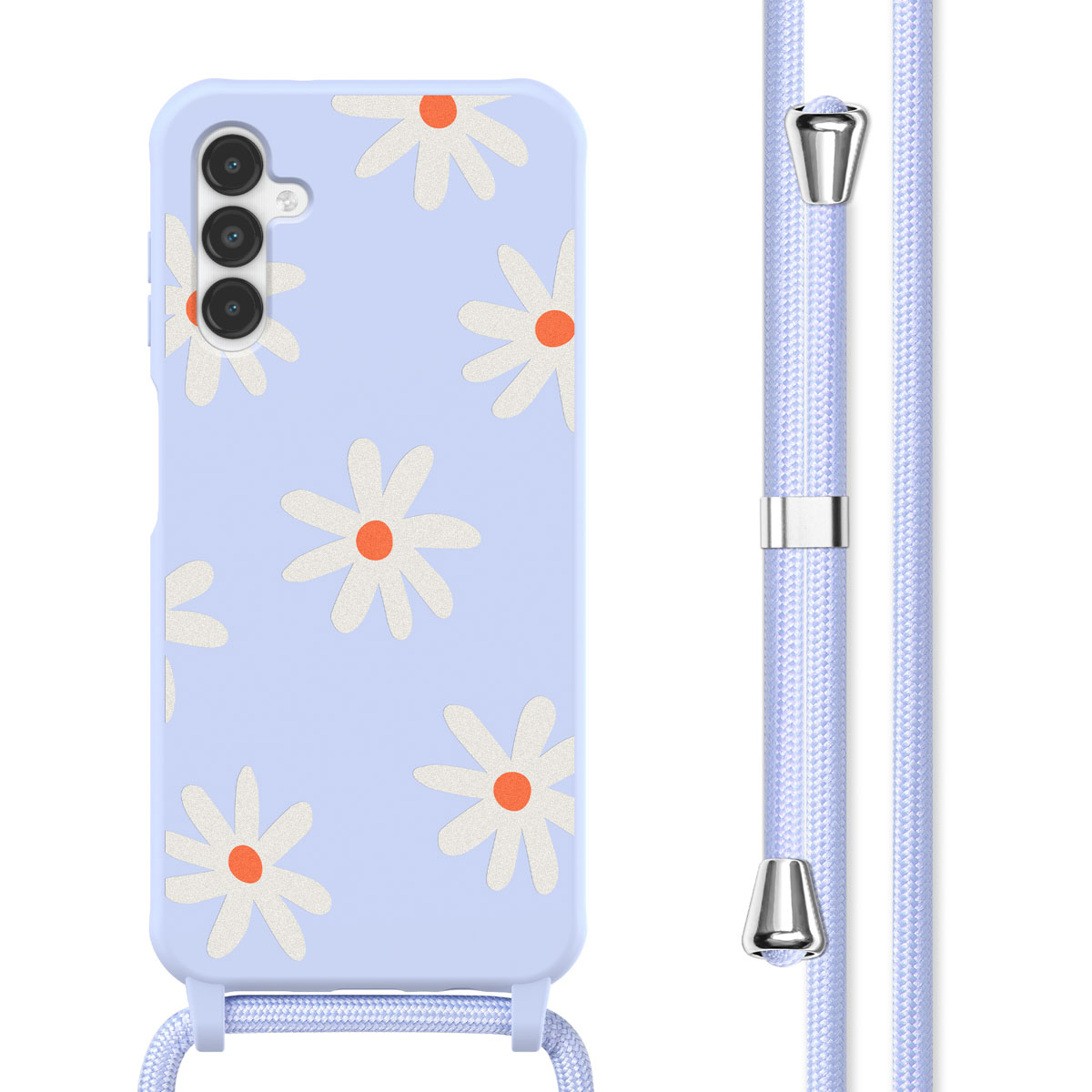 Coque de téléphone bleue avec motif de marguerites et lanière assortie. La lanière est attachée.