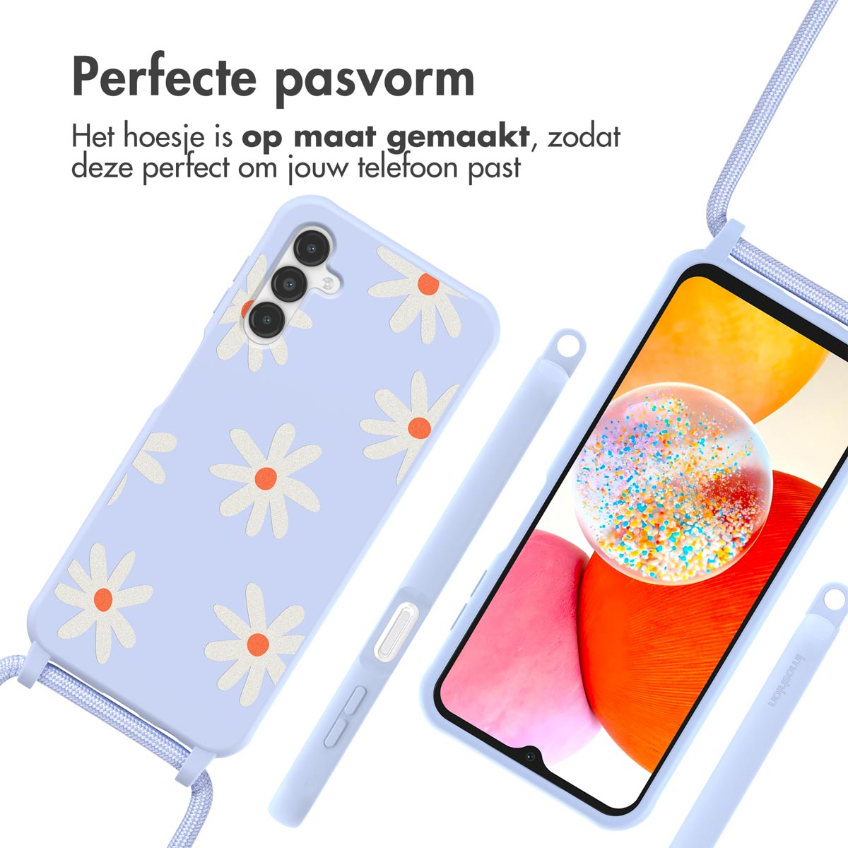 Coque de téléphone lilas avec des marguerites blanches et un cordon. Un téléphone avec écran orange est affiché.