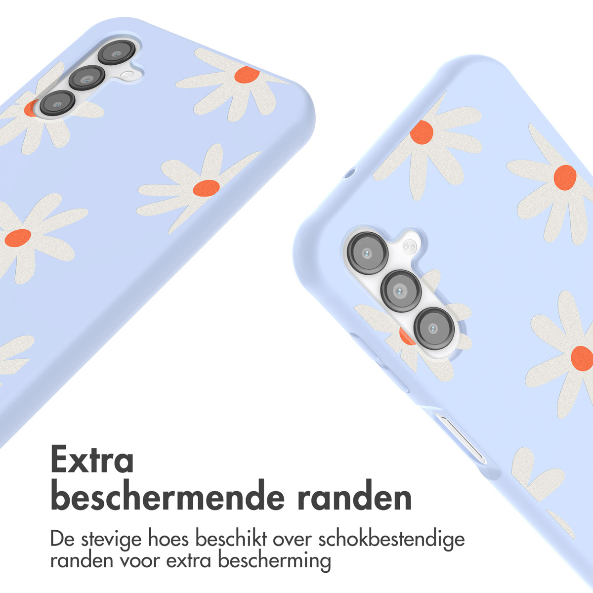 Coque de téléphone bleu clair avec des fleurs de marguerite. Texte supplémentaire sur les bords protecteurs.