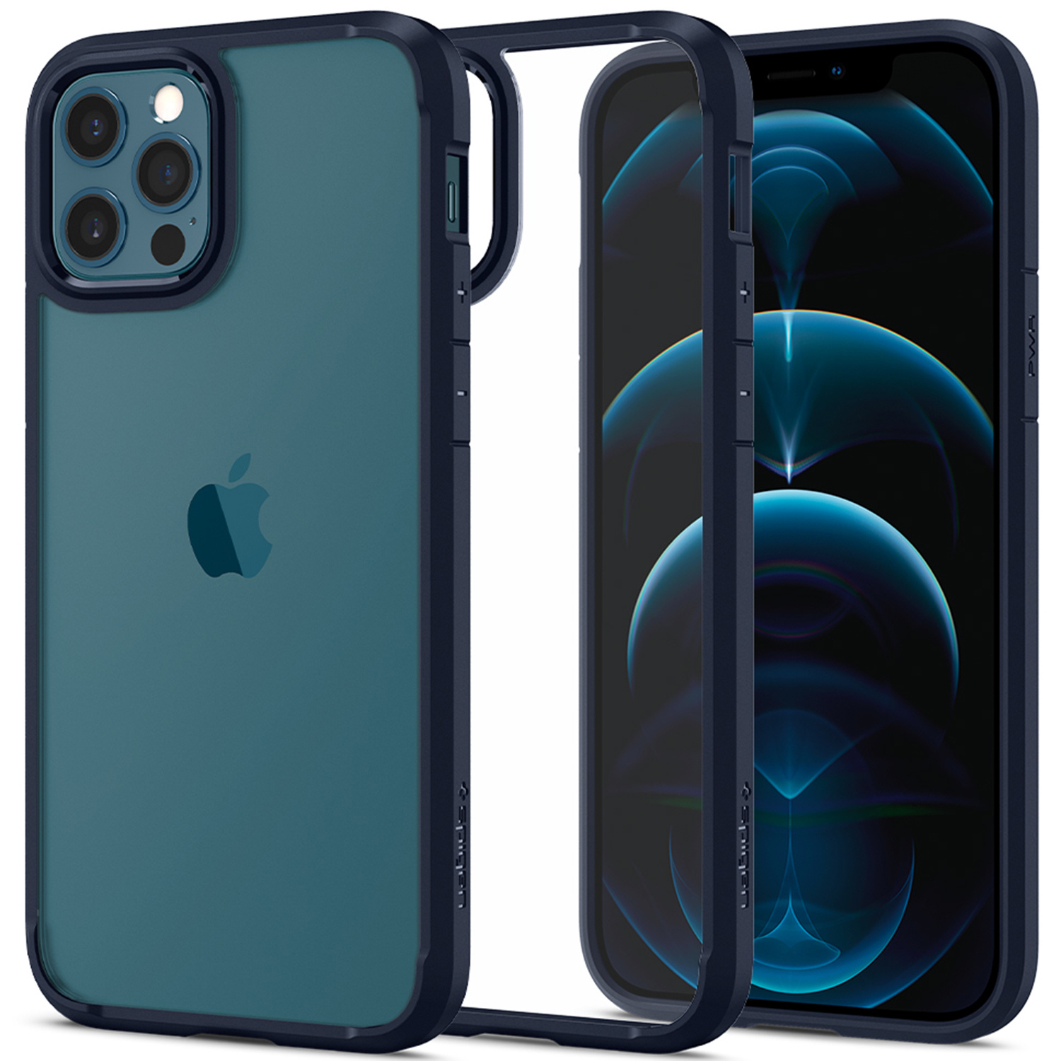 Trois vues d'un téléphone avec un étui bleu. Le téléphone a un logo Apple bleu. Fond blanc.