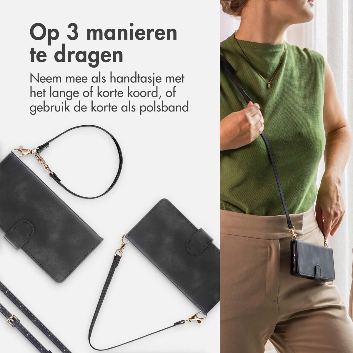 Eine Frau hält eine Handytasche mit einem Riemen. Die Tasche kann als Clutch oder Handgelenktasche verwendet werden.